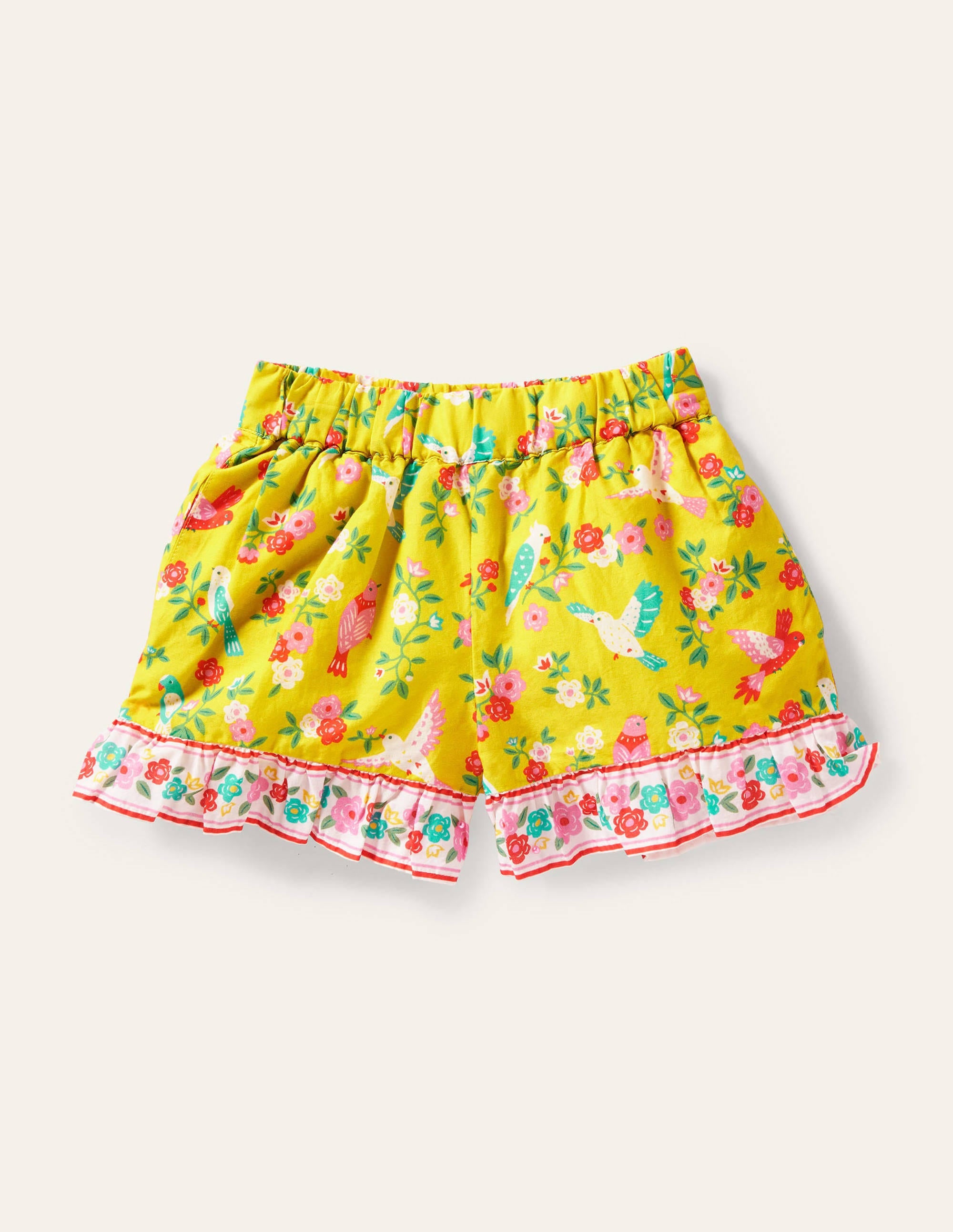 Frill Hem Printed Shorts-Sweetcorn Yellow Tropical - Image 1