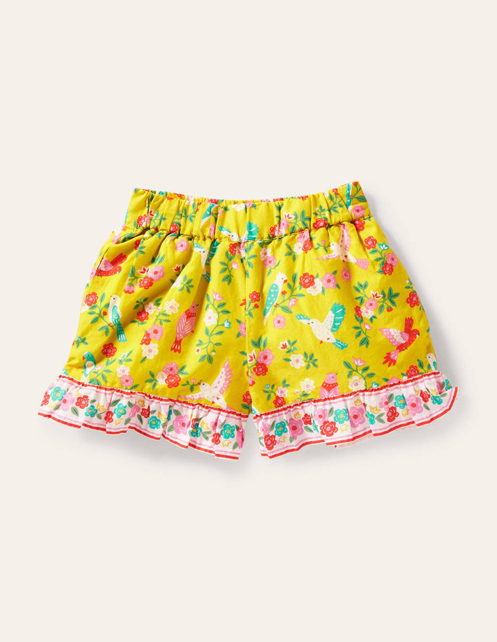 Frill Hem Printed Shorts-Sweetcorn Yellow Tropical