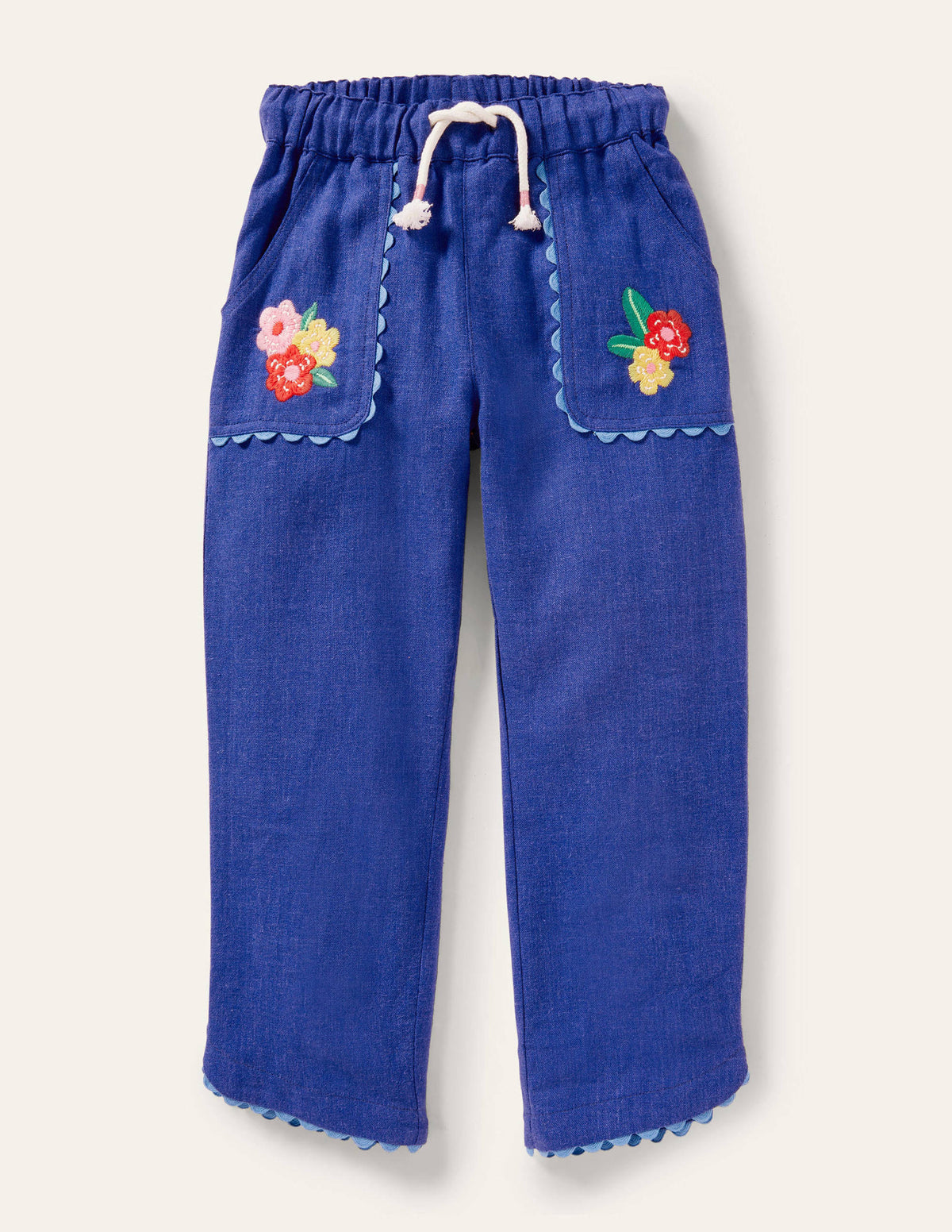 Embroidered Vacation Pants-Blue Wave Flowers - Image 1