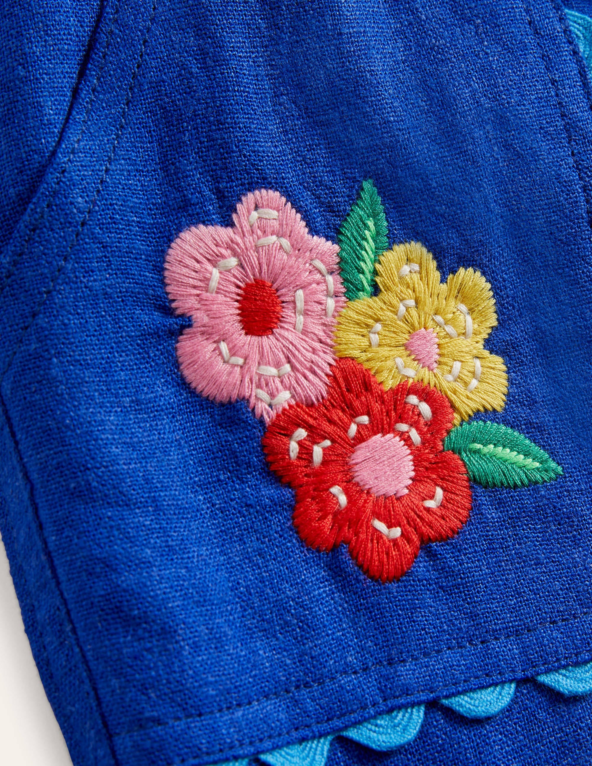 Embroidered Vacation Pants-Blue Wave Flowers - Image 3