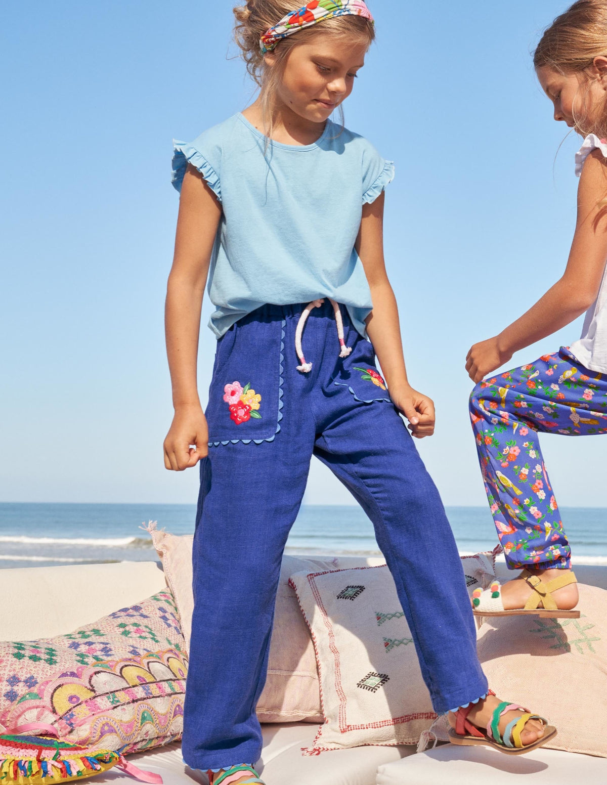 Embroidered Vacation Pants-Blue Wave Flowers - Image 4