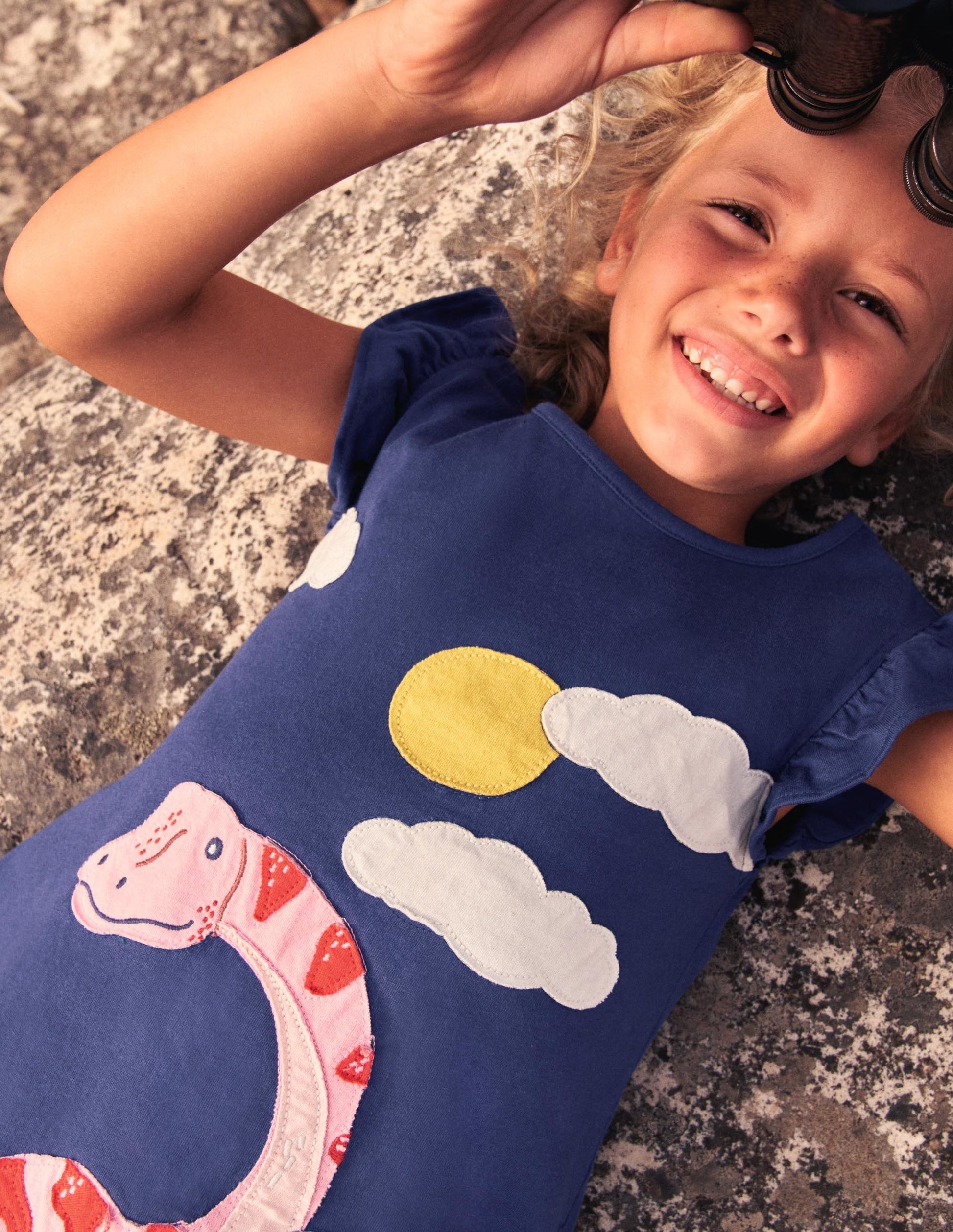 Frill Sleeve Appliqué Dress-Starboard Navy Dinosaurs-4