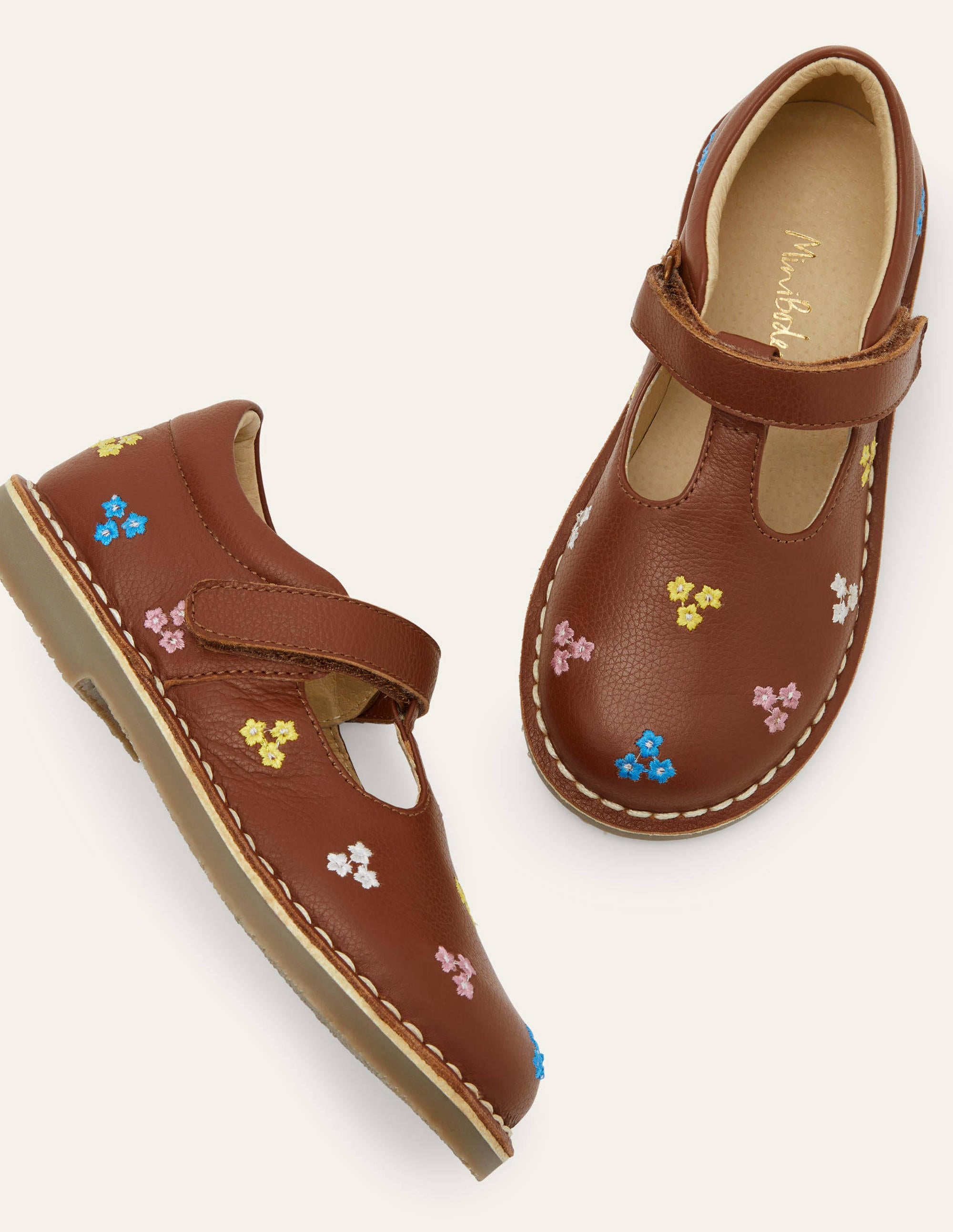 Leather T-bar Flats-Tan Embroidered - Image 1
