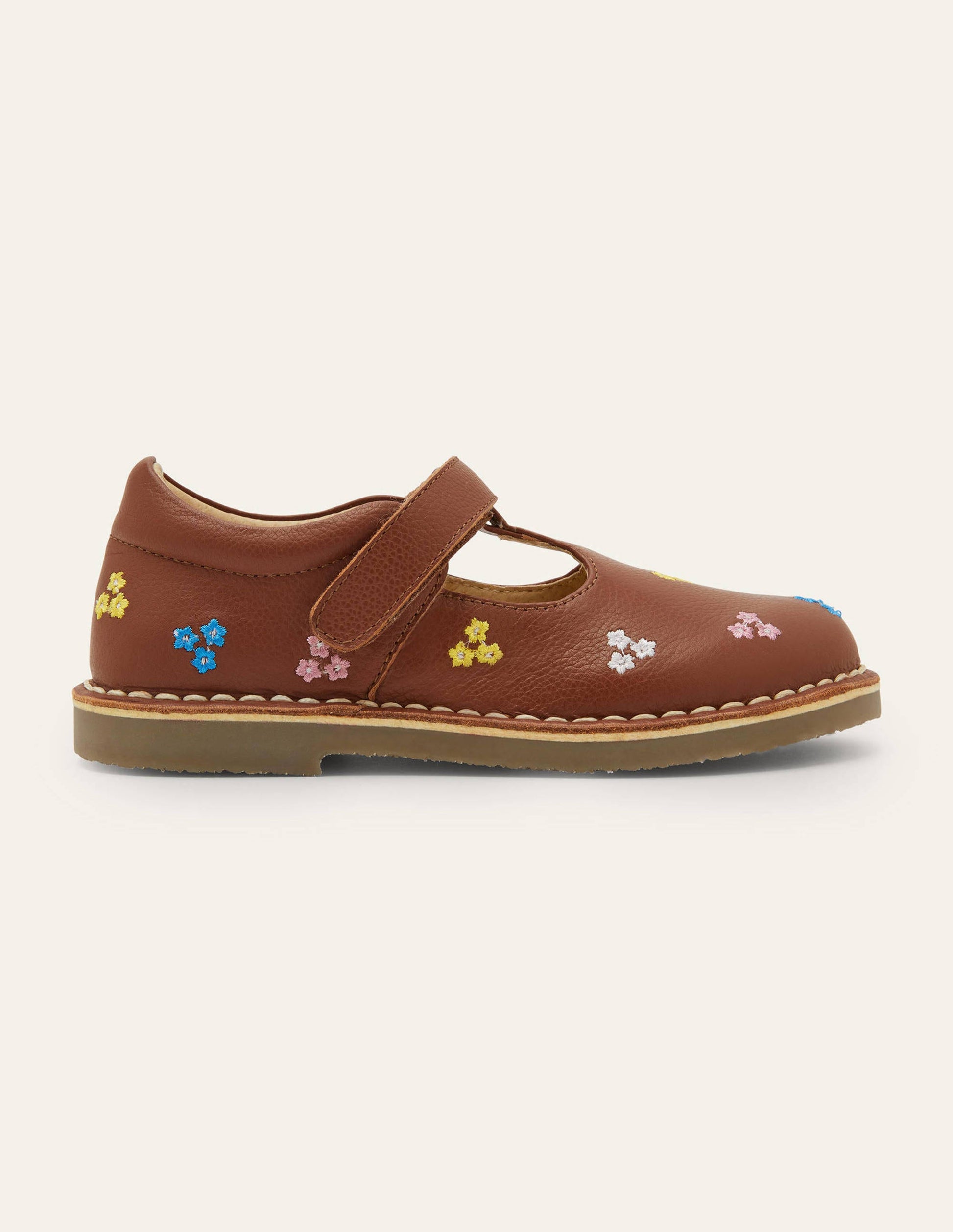 Leather T-bar Flats-Tan Embroidered-2