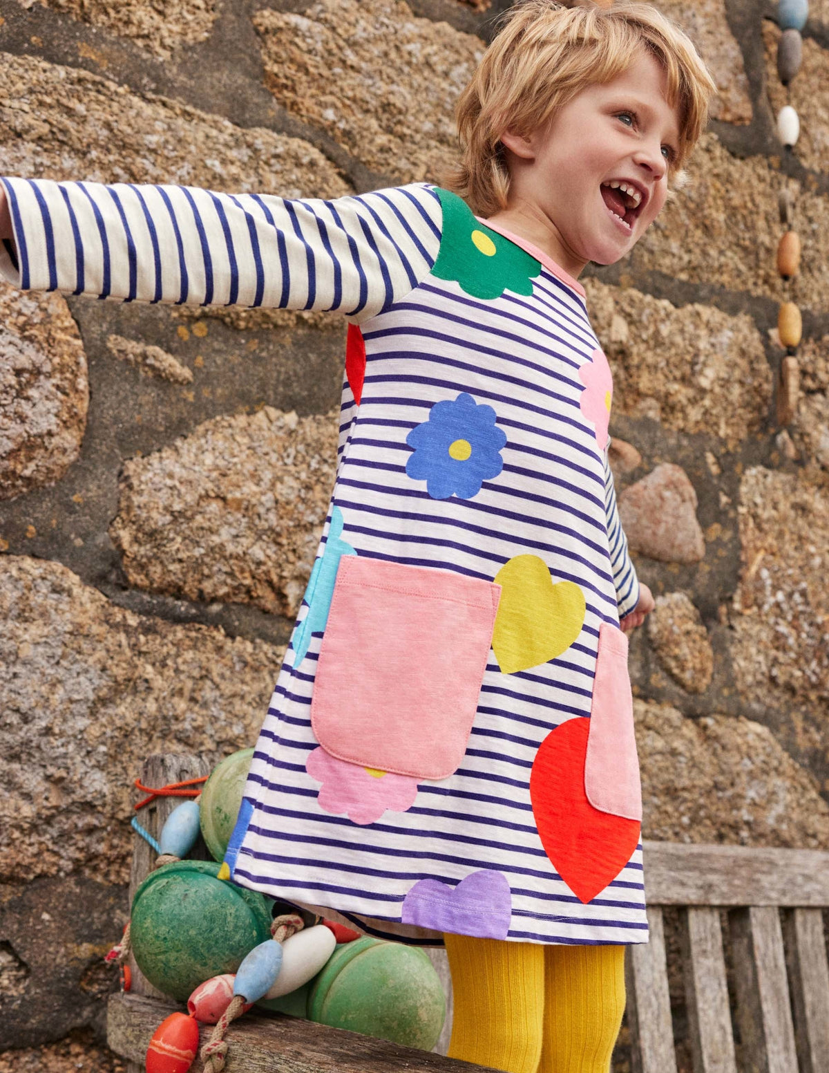 Fun Pocket Jersey Dress-Ivory/Blue Rainbow Flowers-4