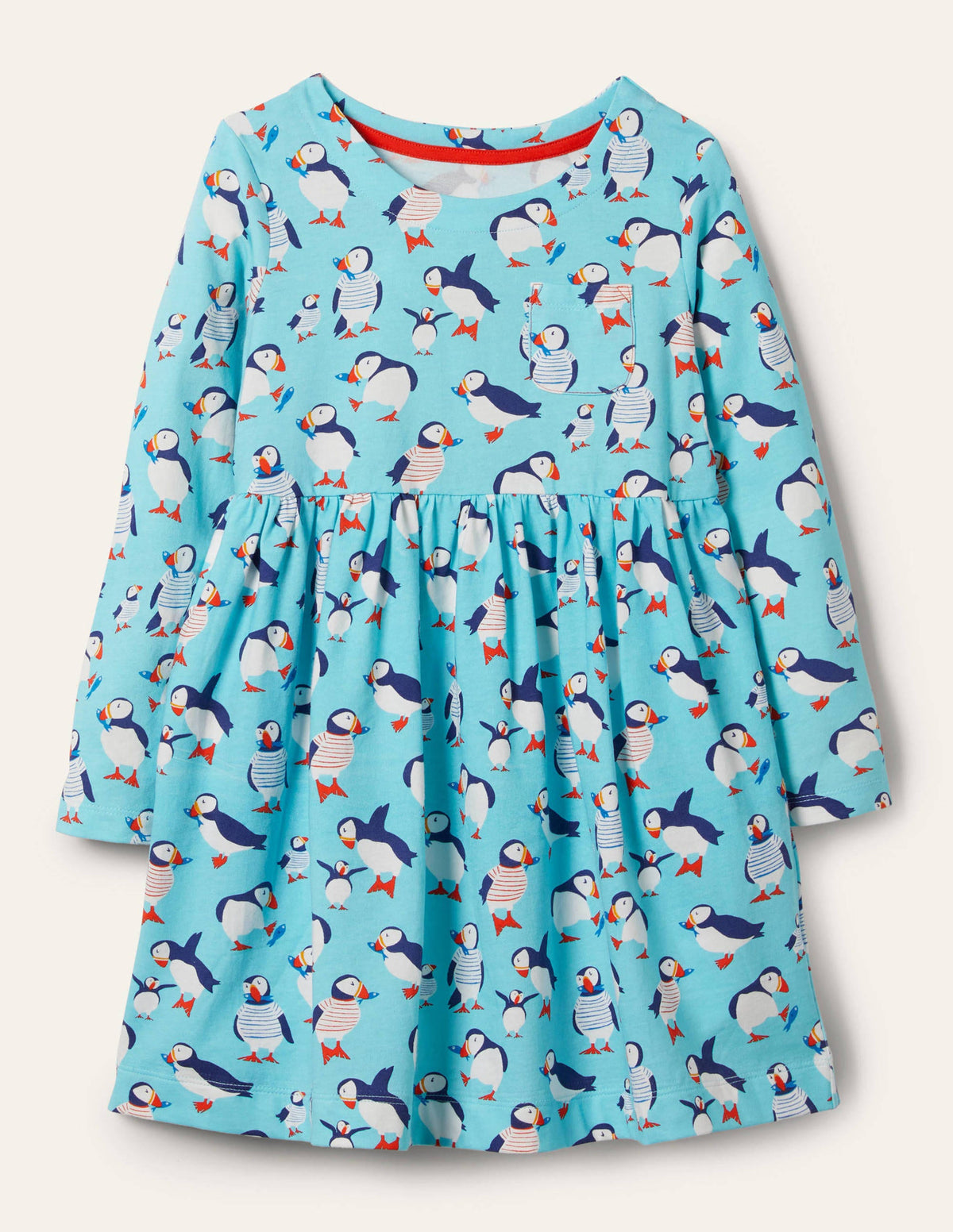 Long Sleeve Fun Jersey Dress-Aqua Blue Puffins - Image 1