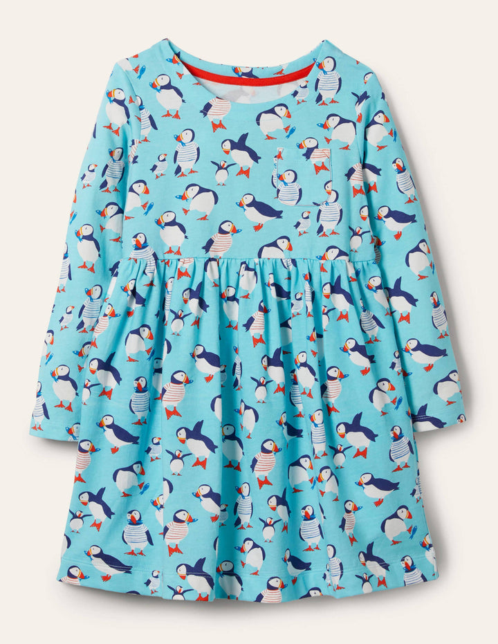 Long Sleeve Fun Jersey Dress-Aqua Blue Puffins