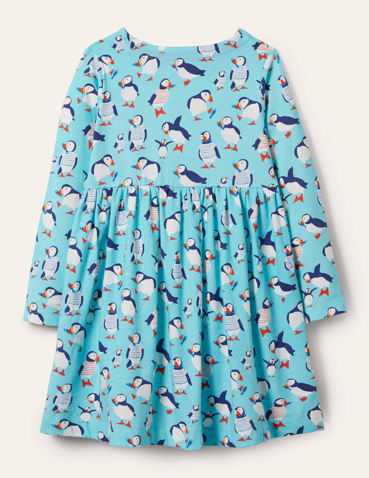 Long Sleeve Fun Jersey Dress-Aqua Blue Puffins - Image 2