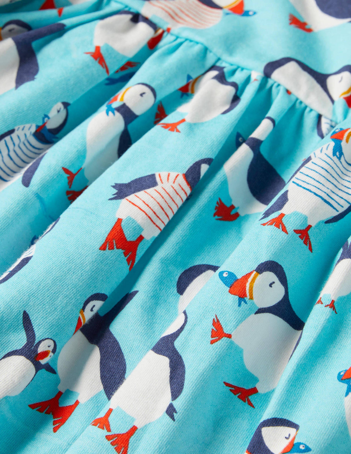 Long Sleeve Fun Jersey Dress-Aqua Blue Puffins - Image 3
