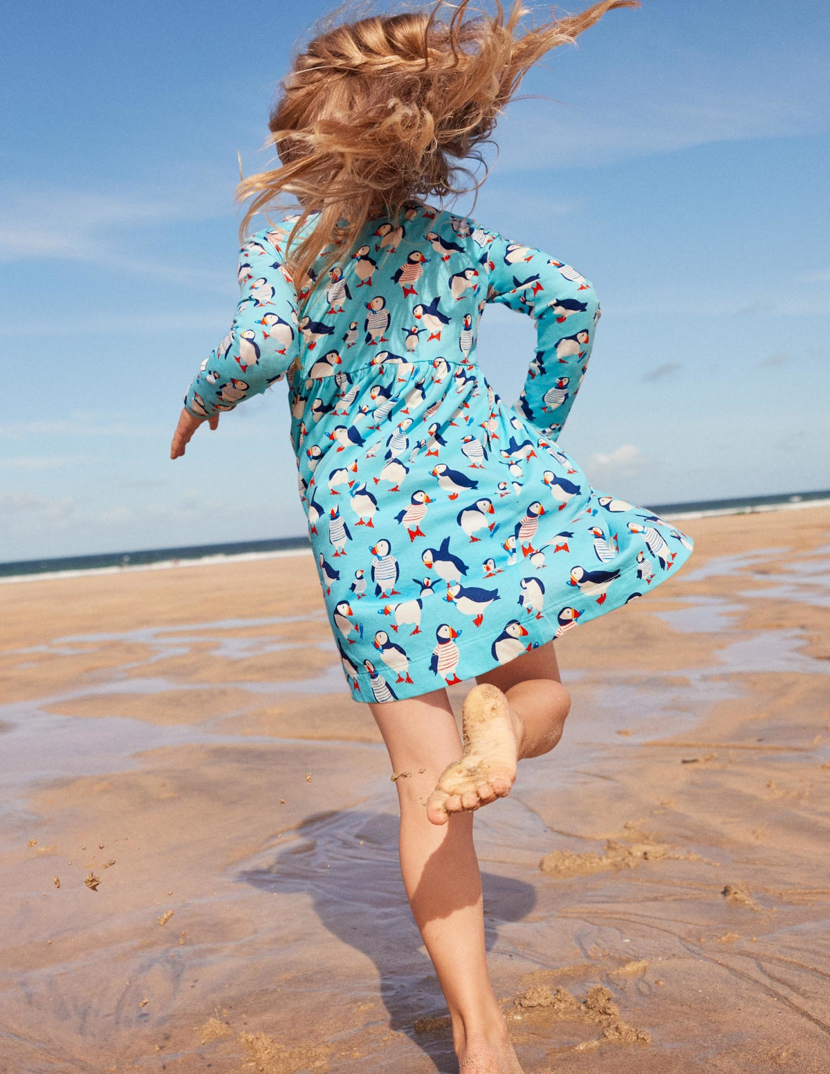 Long Sleeve Fun Jersey Dress-Aqua Blue Puffins - Image 5