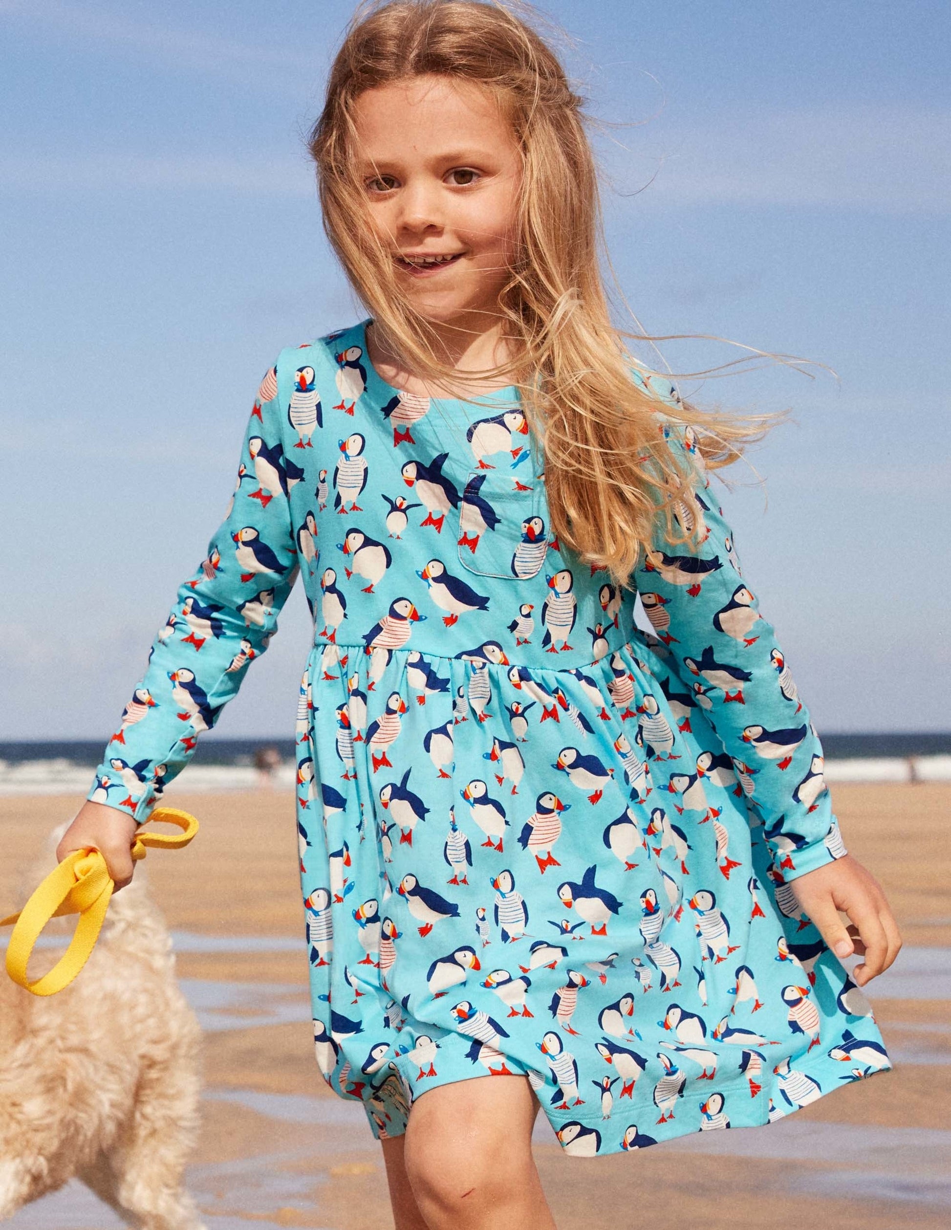 Long Sleeve Fun Jersey Dress-Aqua Blue Puffins-7