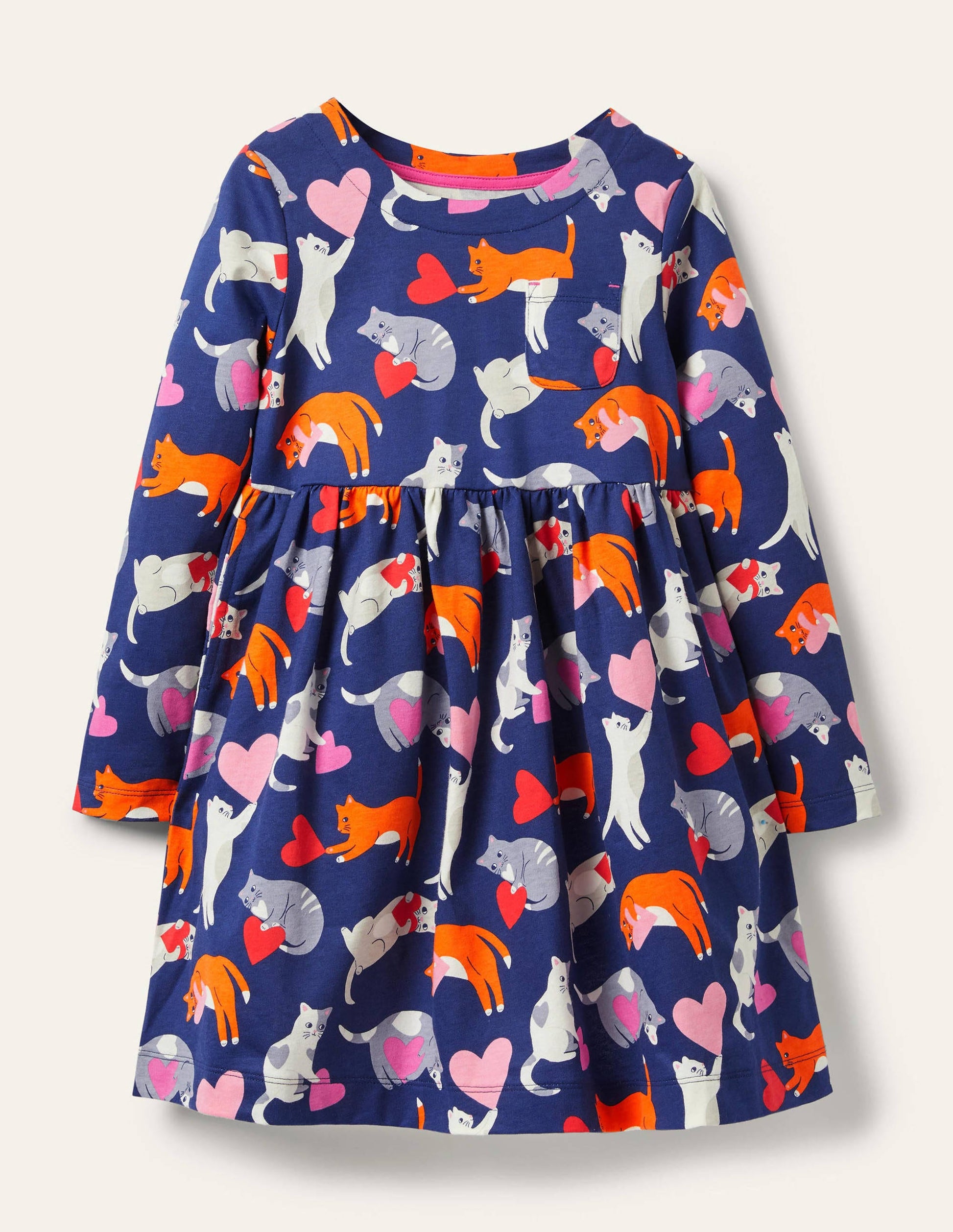 Long Sleeve Fun Jersey Dress-Starboard Blue Love Cats-1