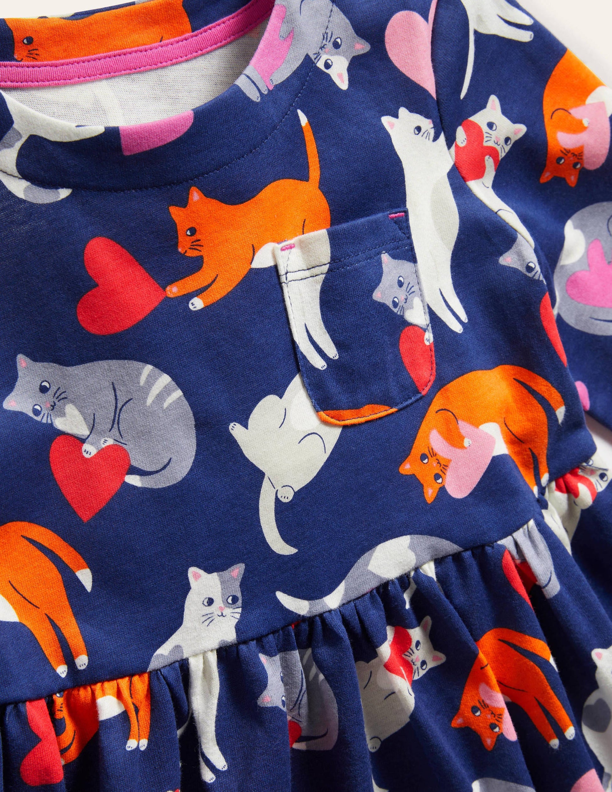 Long Sleeve Fun Jersey Dress-Starboard Blue Love Cats-3