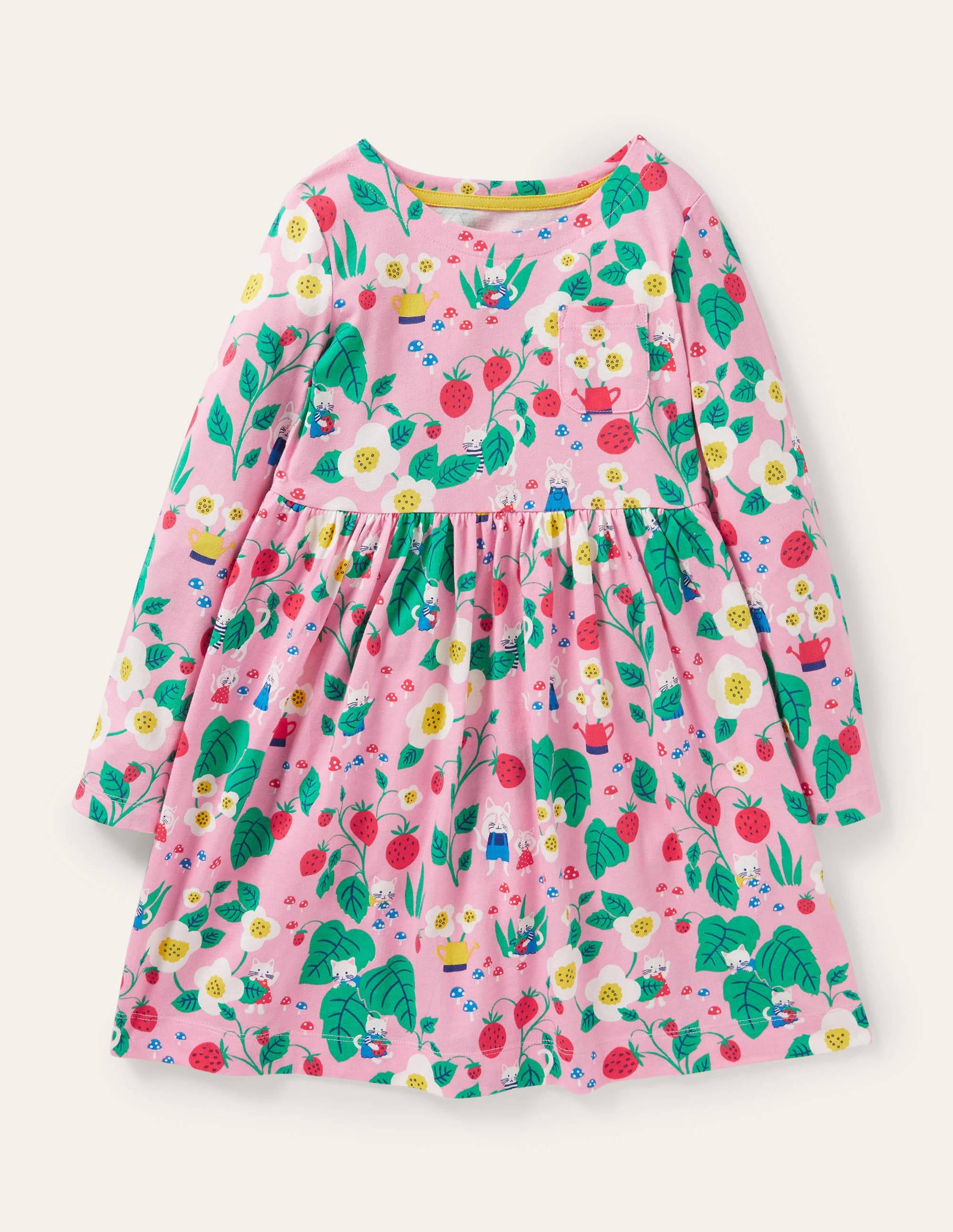 Pink Strawberry Print Long Sleeve Dress-Pink Lemonade Strawberry Patch - Image 1