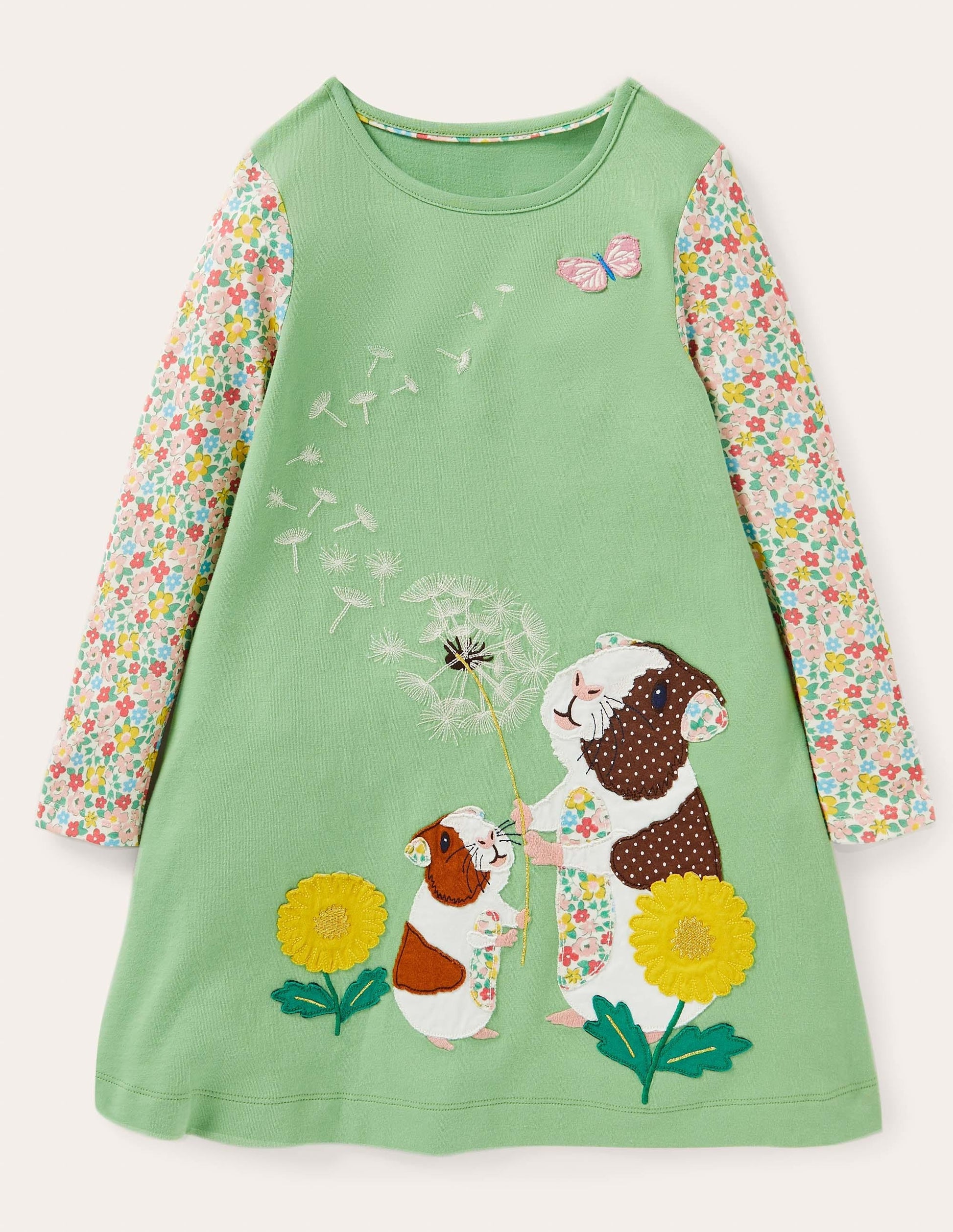 Long Sleeve Appliqué Dress-Aloe Green Guinea Pigs-1