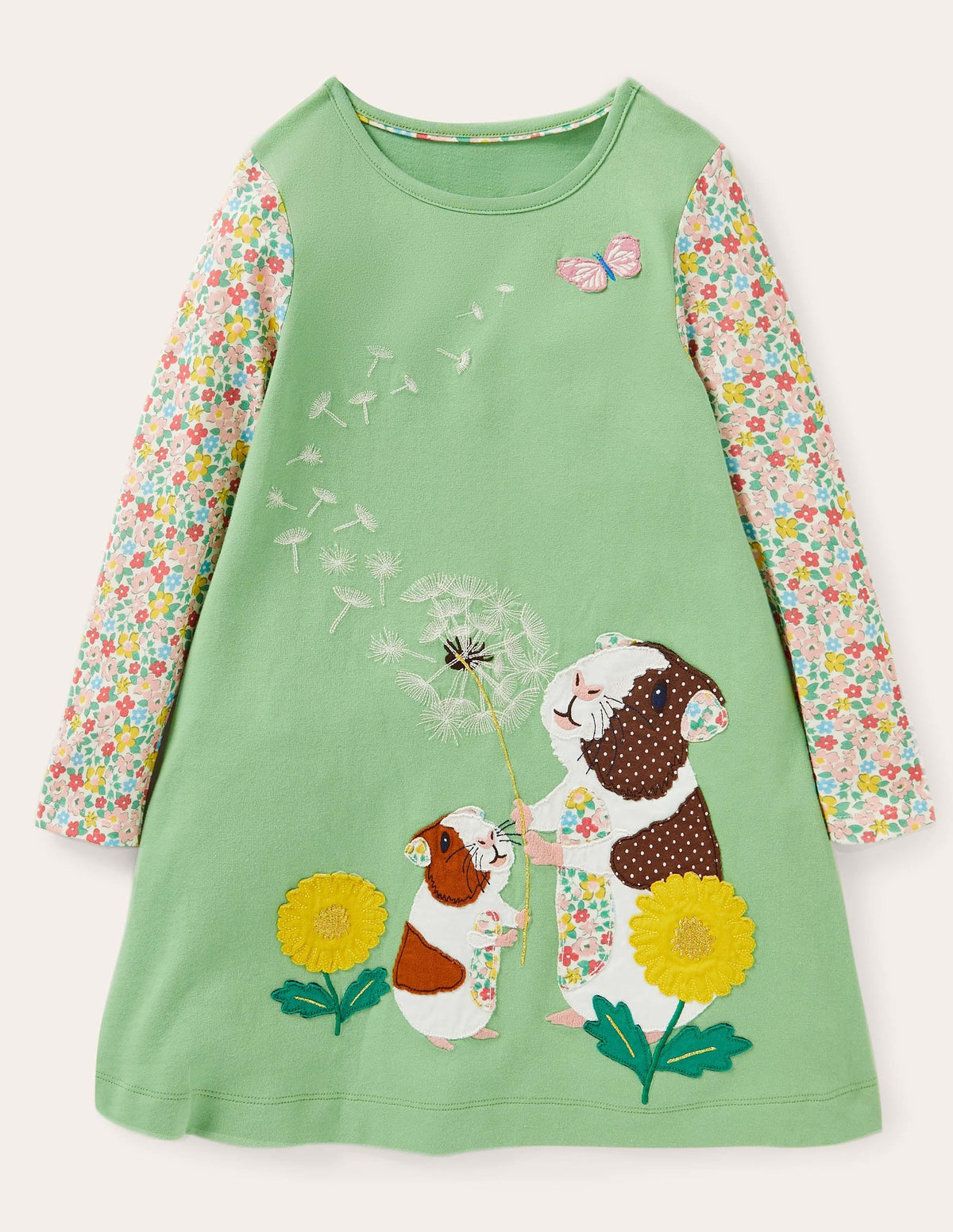 Long Sleeve Appliqué Dress-Aloe Green Guinea Pigs - Image 1