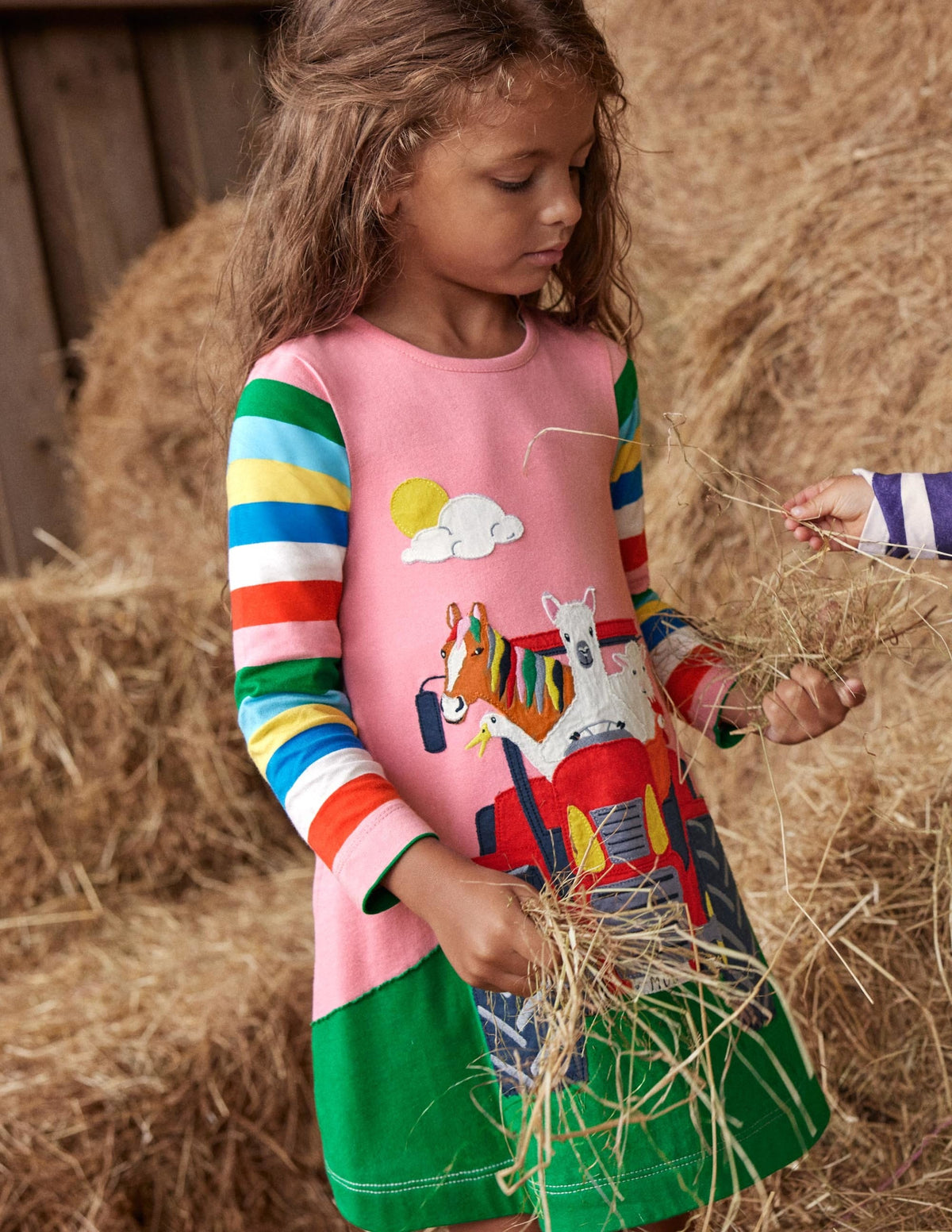 Long Sleeve Appliqué Dress-Bright Petal Pink Tractor - Image 4
