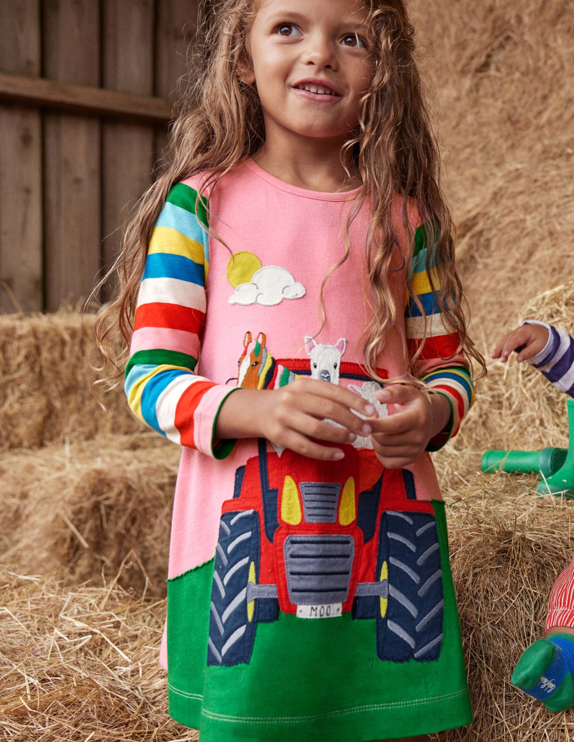 Long Sleeve Appliqué Dress-Bright Petal Pink Tractor - Image 5