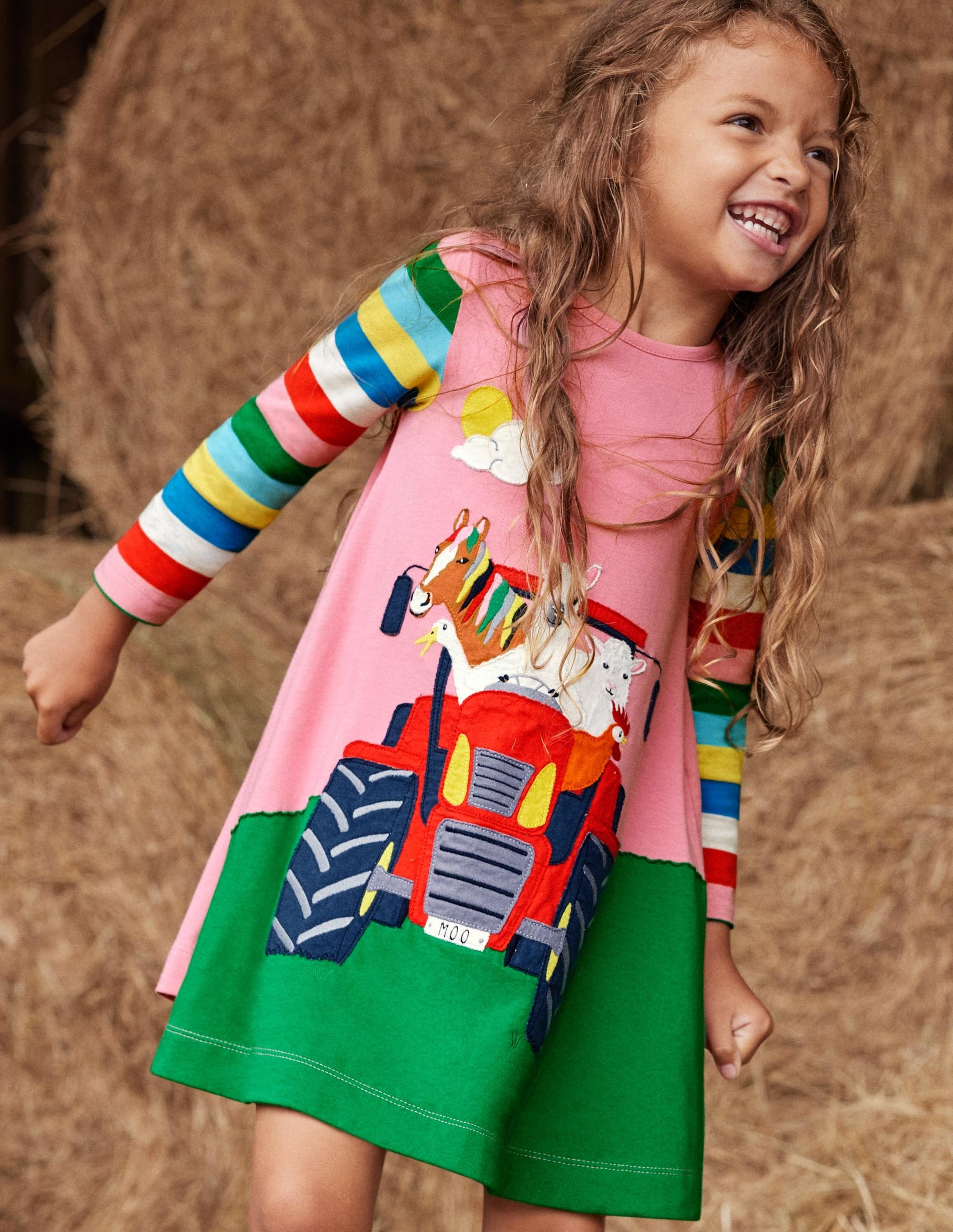 Long Sleeve Appliqué Dress-Bright Petal Pink Tractor - Image 6