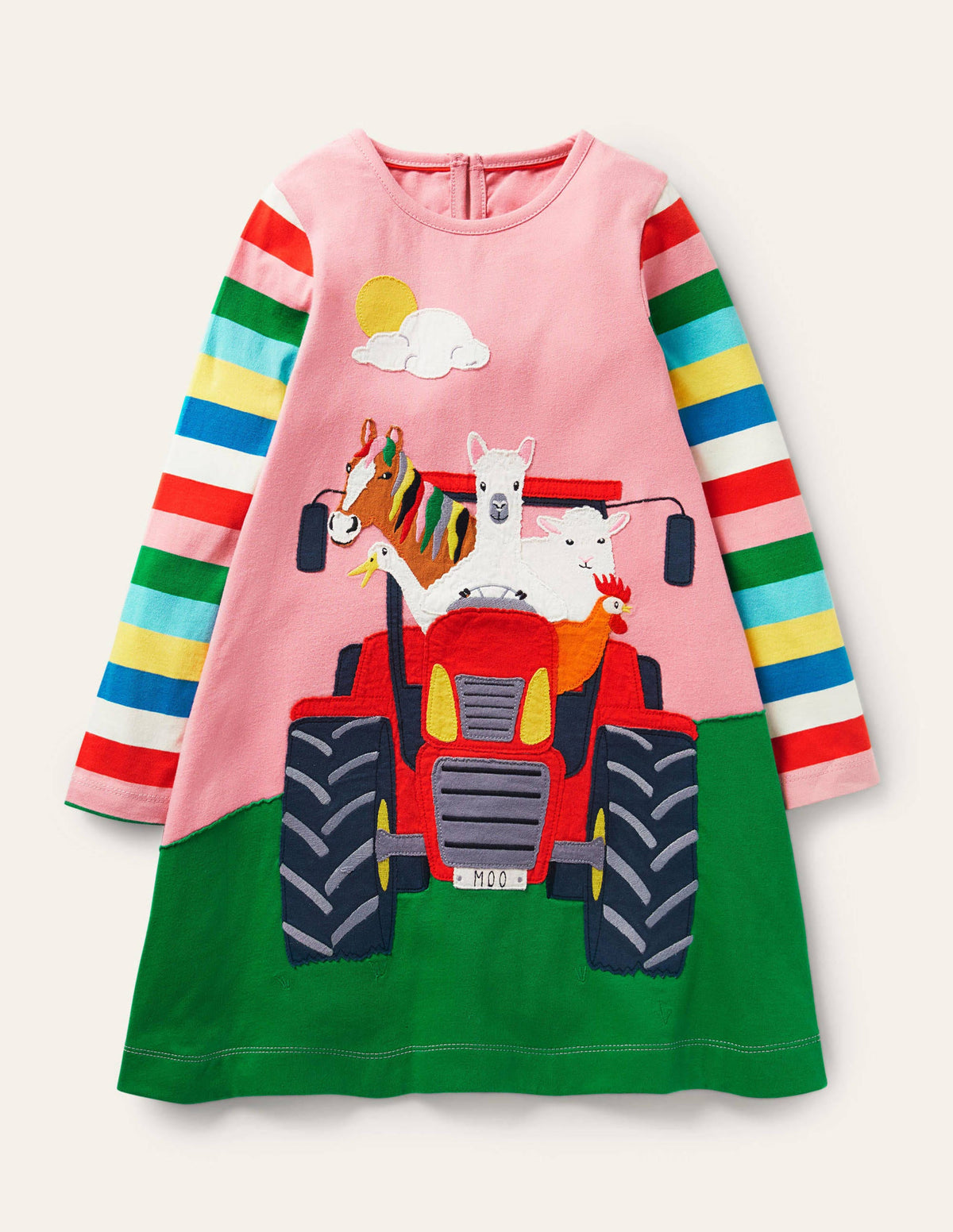 Long Sleeve Appliqué Dress-Bright Petal Pink Tractor - Image 1