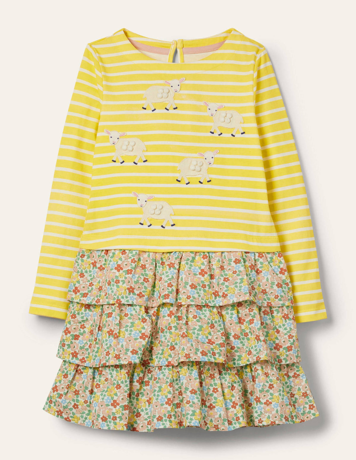 Appliqué Hotchpotch Dress-Sweetcorn Yellow/ Ivory Sheep-1
