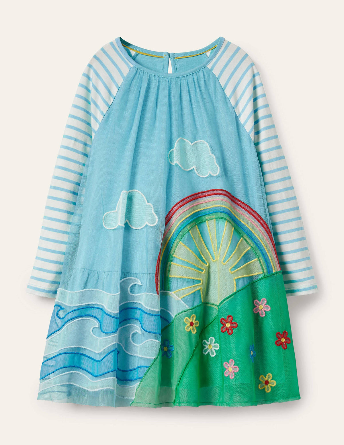 Jersey Tulle Scene Dress-Aqua Blue Weather Scene - Image 1
