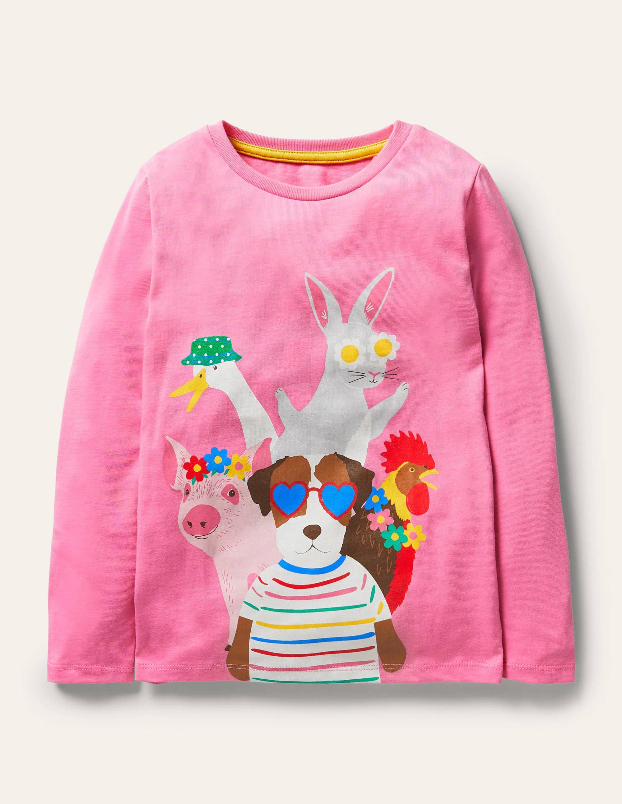 Long sleeve Graphic T-shirt-Bright Petal Pink Farm Scene - Image 1