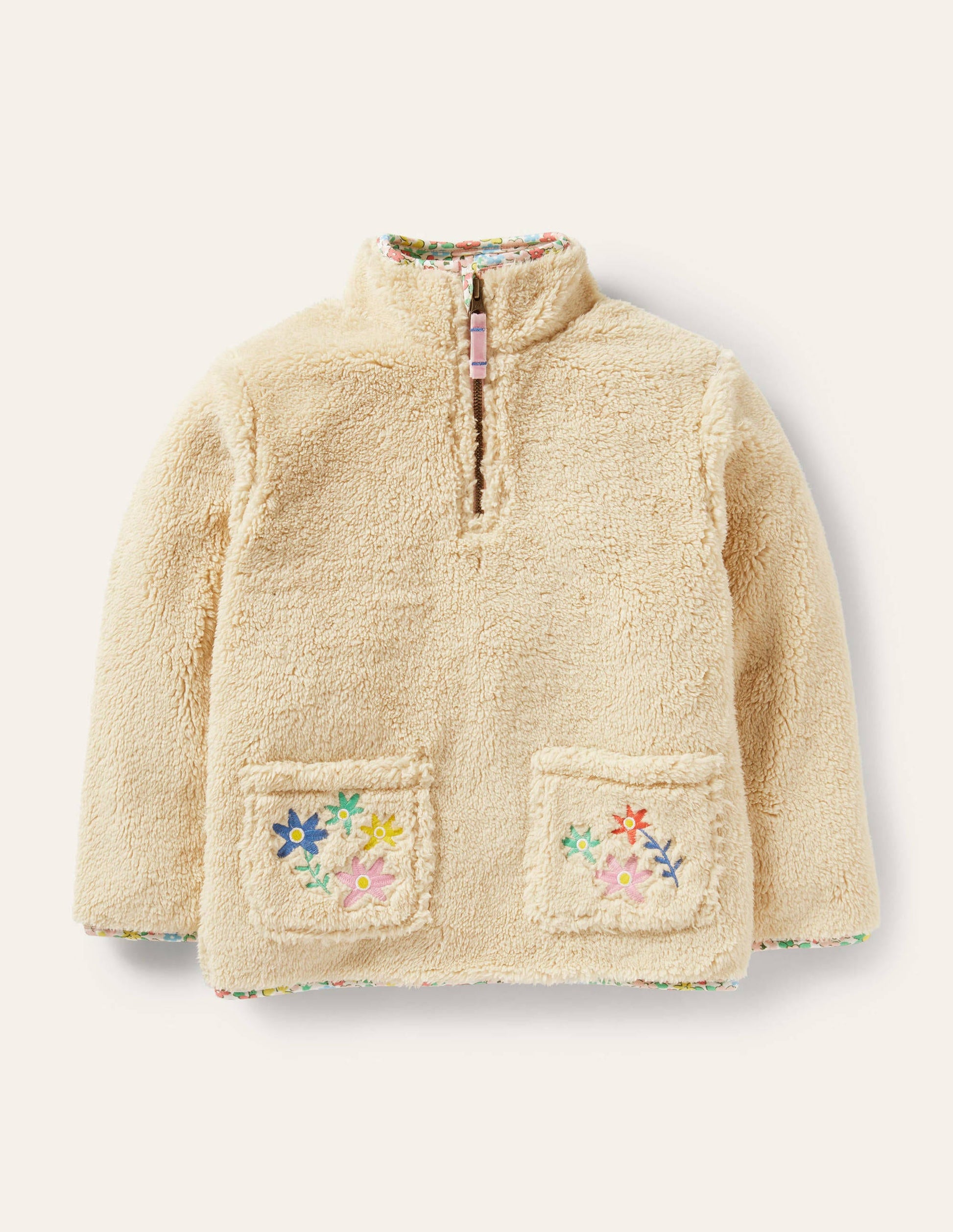 Half-Zip Teddy Sweatshirt-Oatmeal Embroidered Horse-1