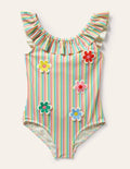 Frill Swimsuit-Ivory/Multi Stripe Flowers