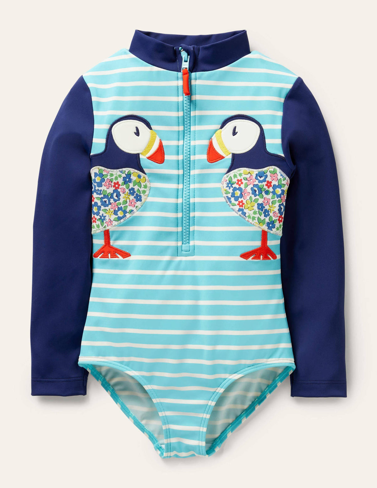 Long-sleeved Appliqué Swimsuit-Aqua/Ivory Puffins - Image 1