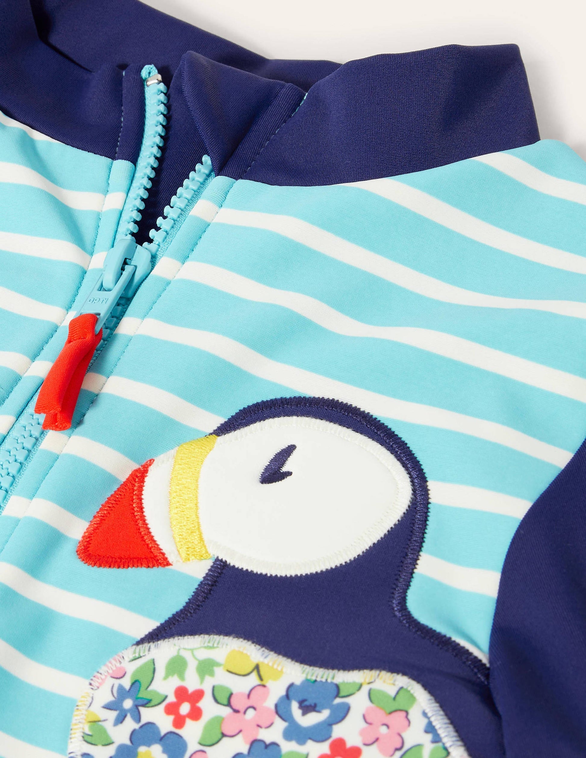 Long-sleeved Appliqué Swimsuit-Aqua/Ivory Puffins-3