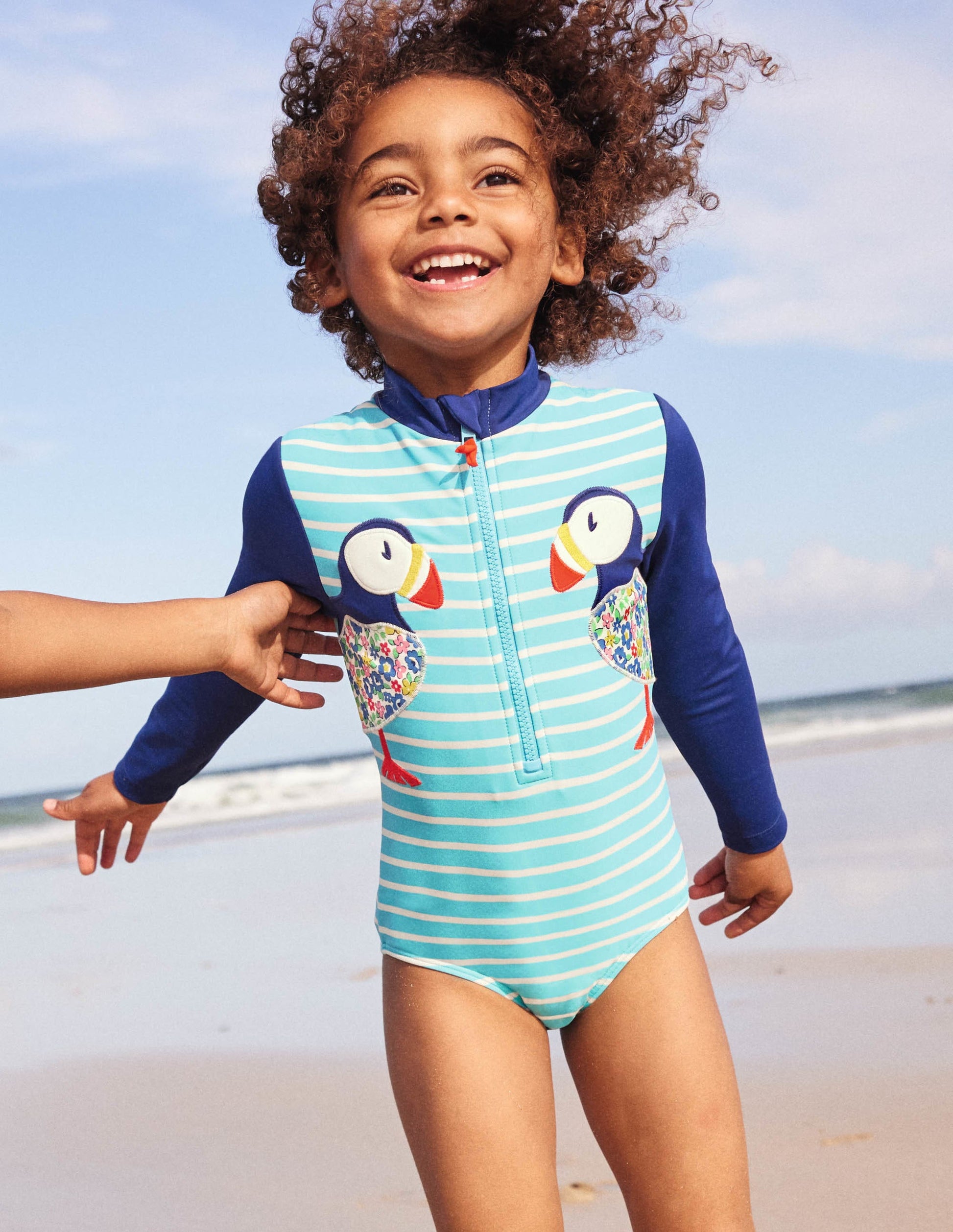Long-sleeved Appliqué Swimsuit-Aqua/Ivory Puffins-4
