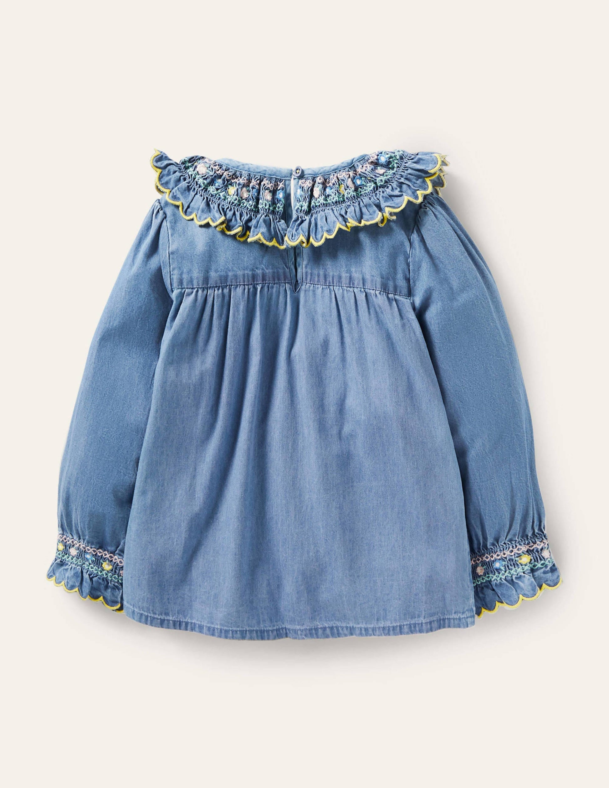 Smocked Collar Denim Top-Chambray-2