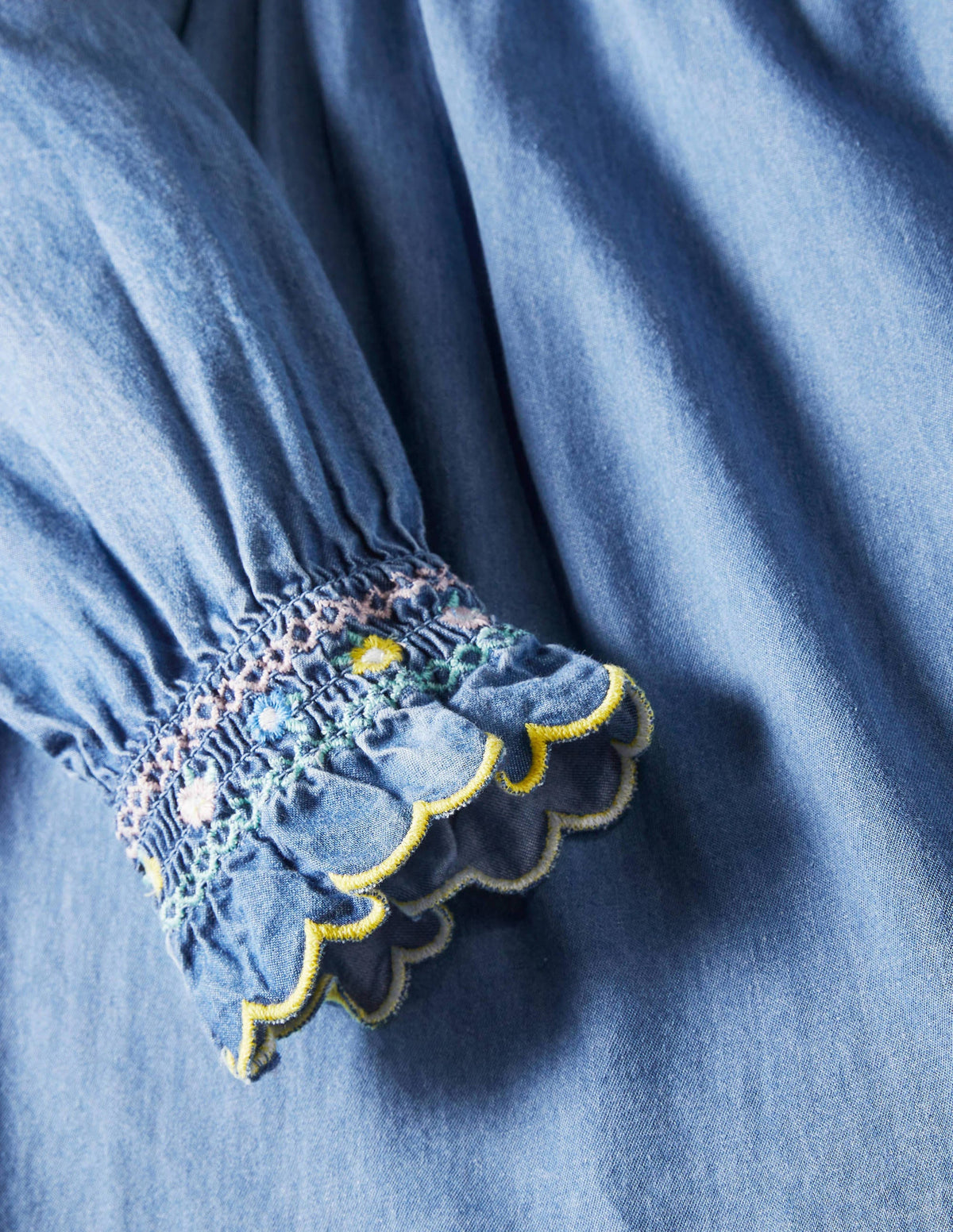 Smocked Collar Denim Top-Chambray-3