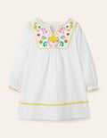 Long-sleeve Embroidered Kaftan-White Sea Life