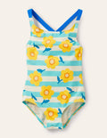 Cross-back Printed Swimsuit-Aqua Blue/ Ivory Daffodil
