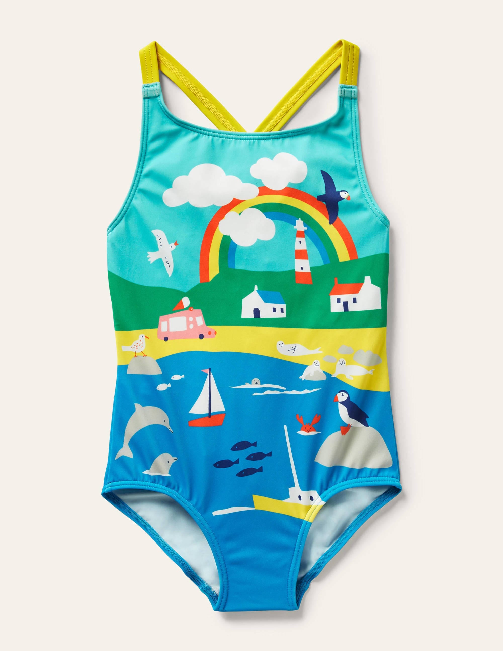 Cross-back Printed Swimsuit-Multi Coastal Scene - Image 1