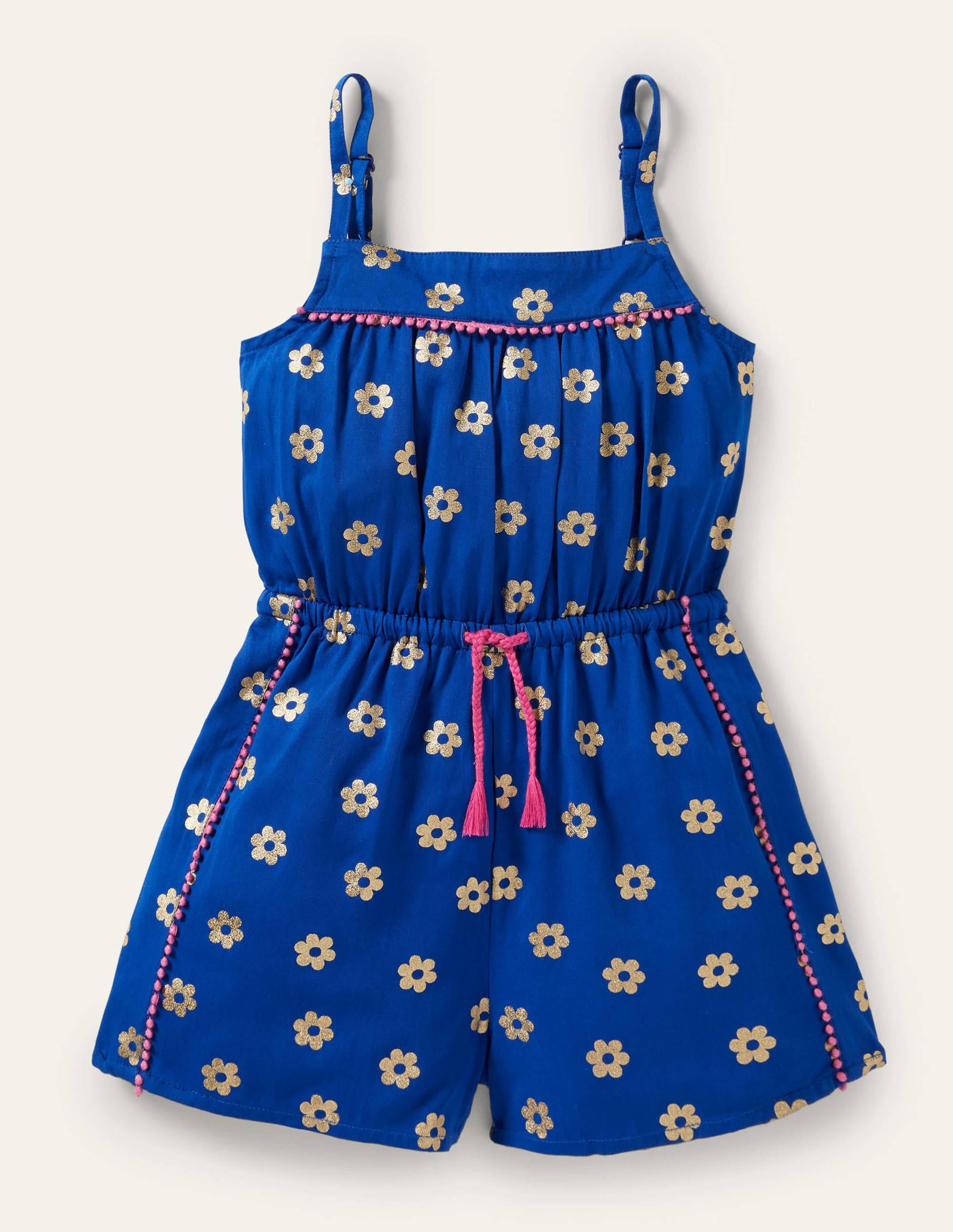 Woven Vacation Romper-Blue Wave Foil Daisy - Image 1