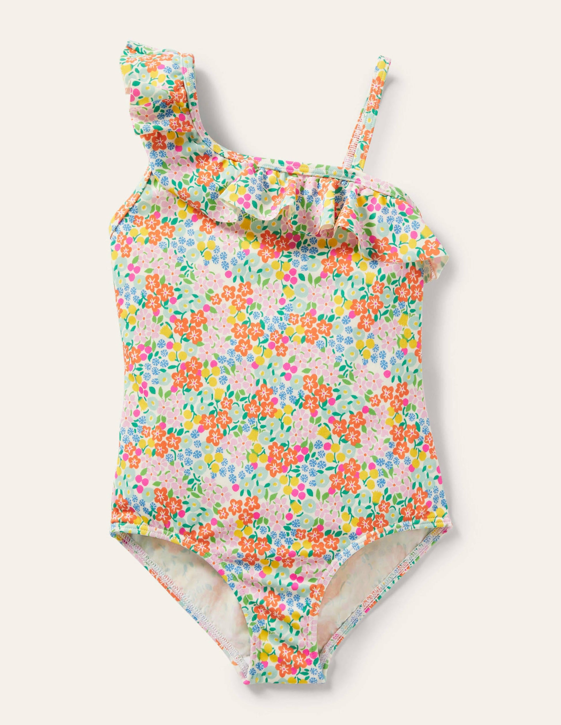 One Shoulder Frill Swimsuit-Multi Tropical Flowerbed-1