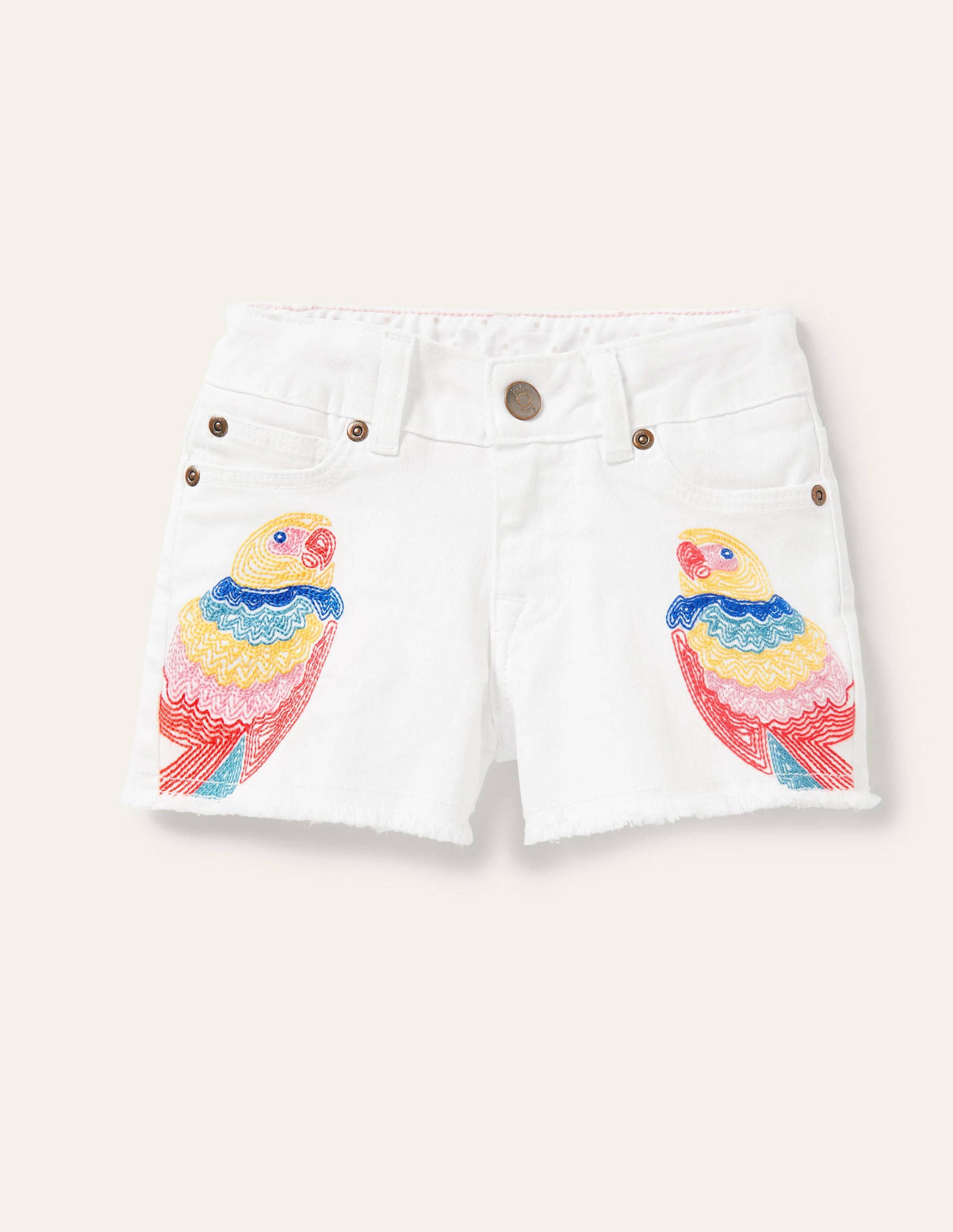 Denim Shorts-White Parrot Embroidery-1