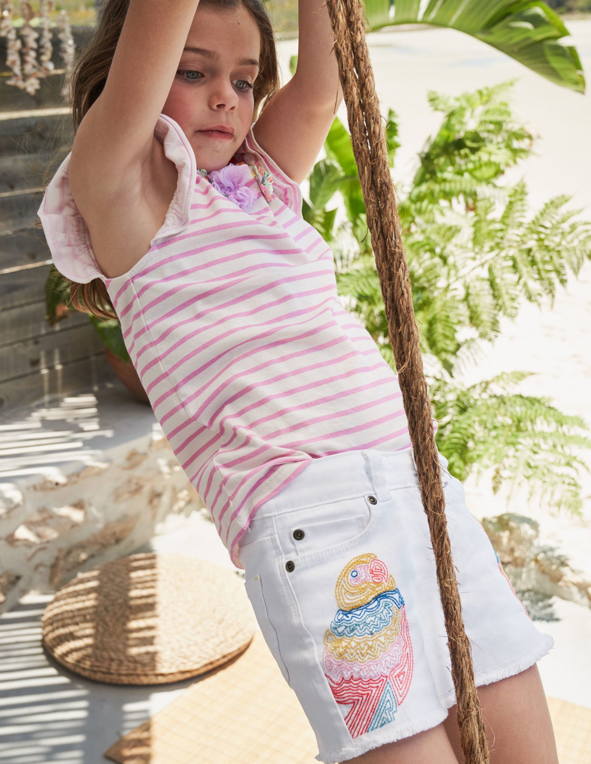 Denim Shorts-White Parrot Embroidery-4
