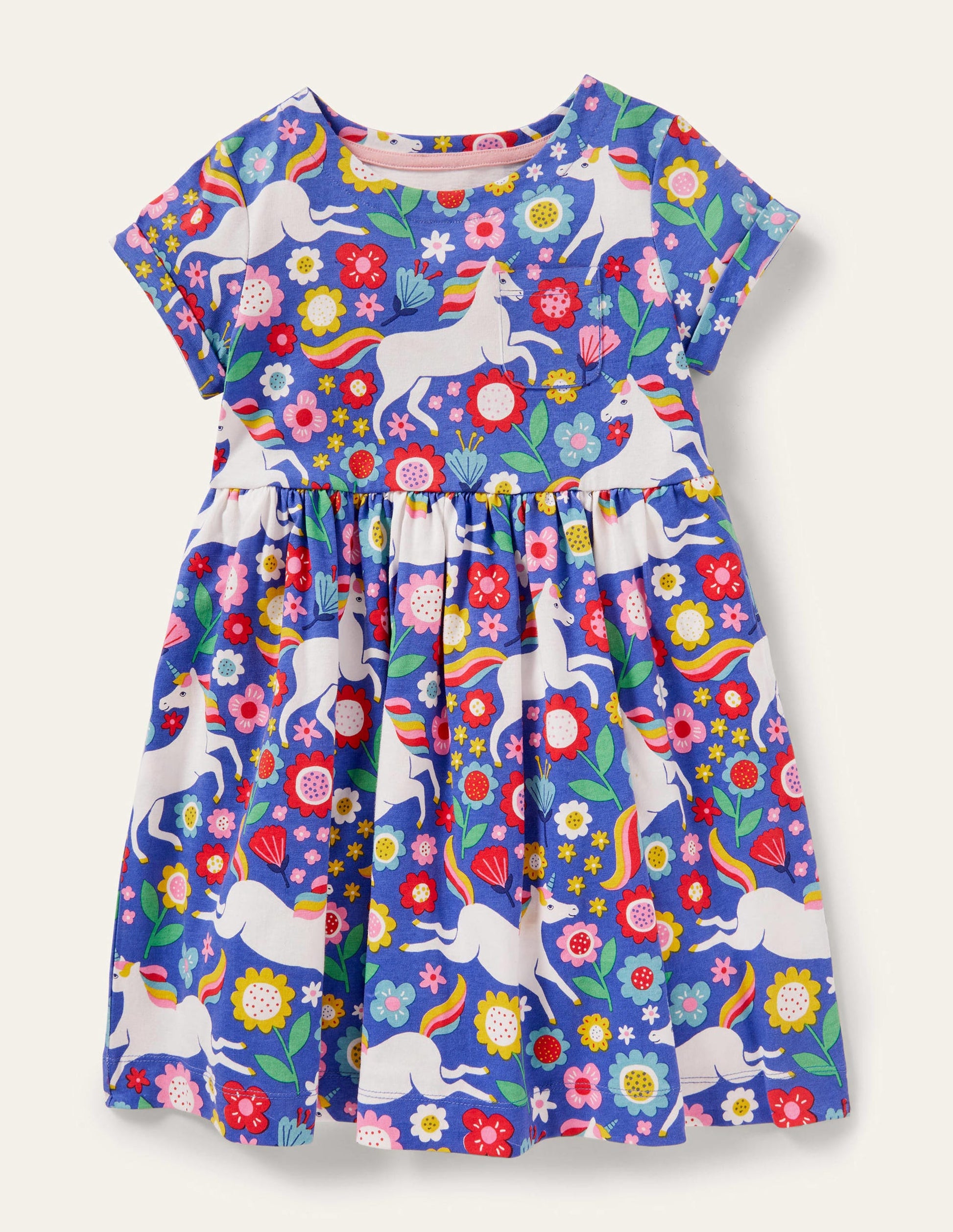 Short Sleeve Fun Jersey Dress-Bluebell Large Unicorn Floral-1