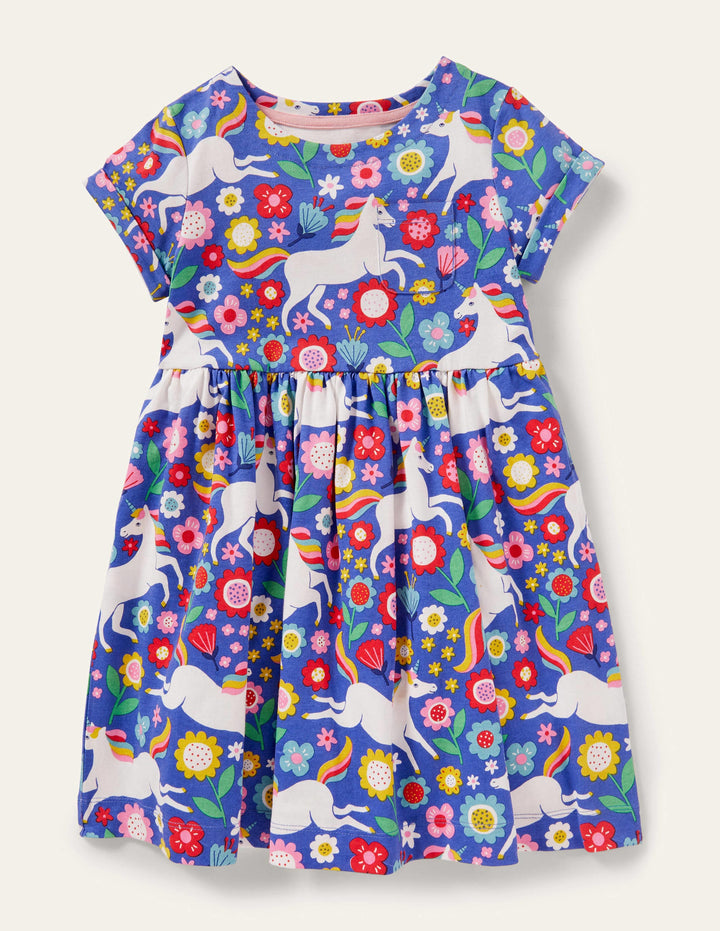 Short Sleeve Fun Jersey Dress-Bluebell Large Unicorn Floral