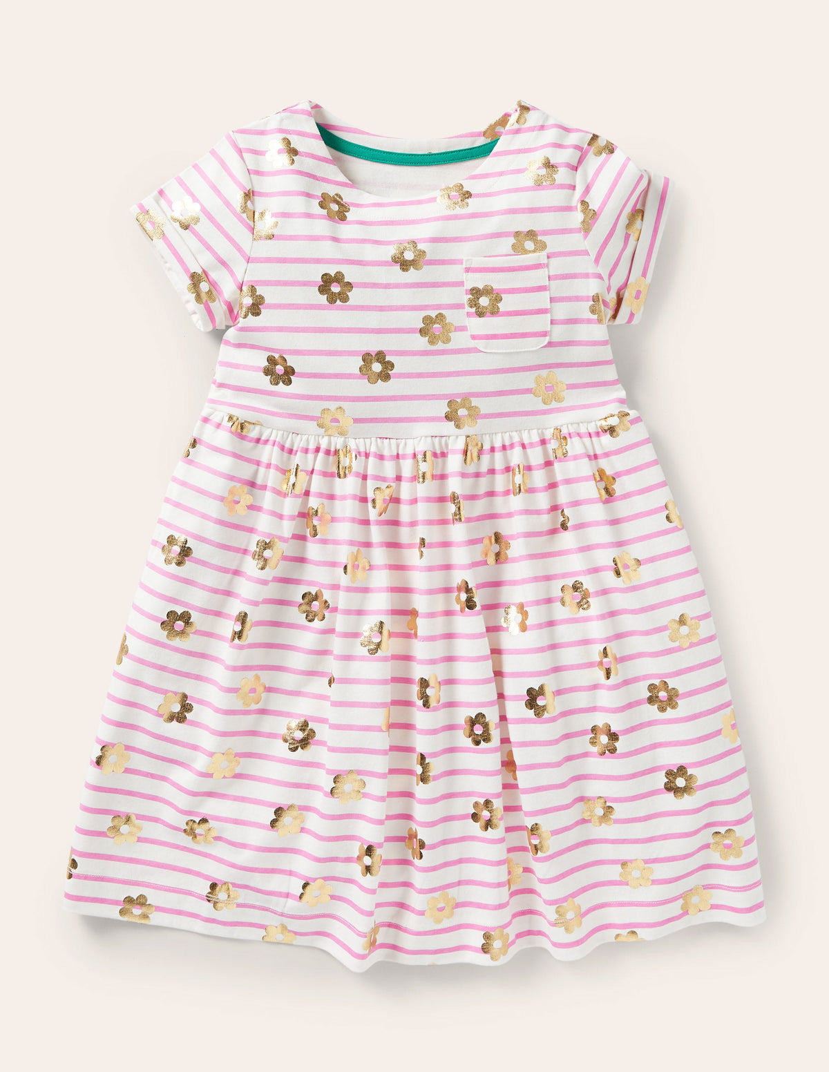 Pink Floral Short Sleeve Jersey Dress-Strawberry Ice Pink Gold Daisy - Image 1