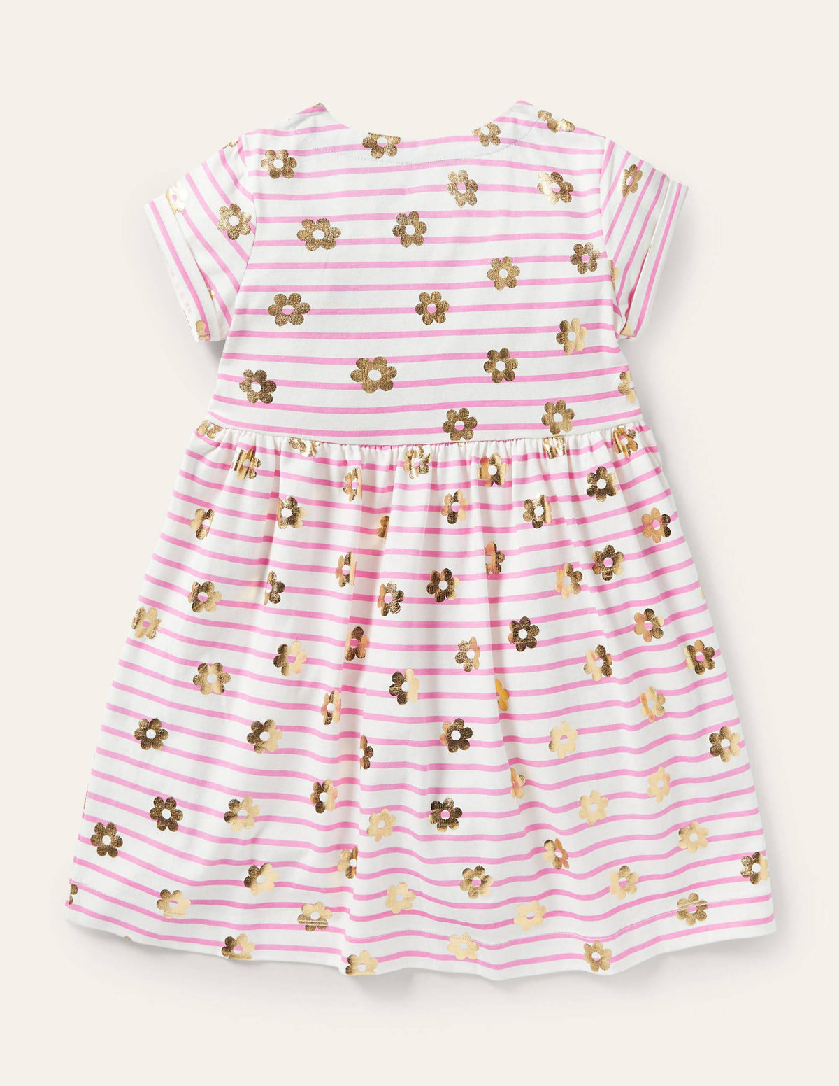 Pink Floral Short Sleeve Jersey Dress-Strawberry Ice Pink Gold Daisy-2
