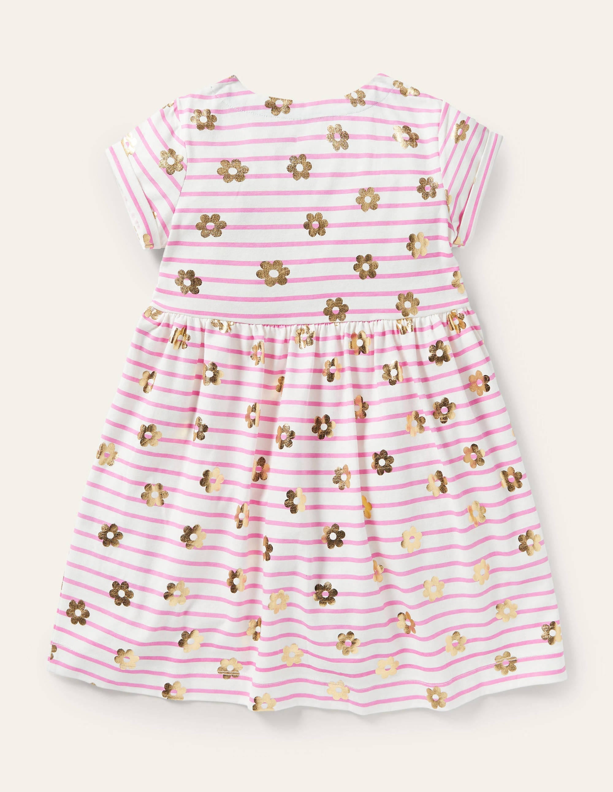 Pink Floral Short Sleeve Jersey Dress-Strawberry Ice Pink Gold Daisy - Image 2
