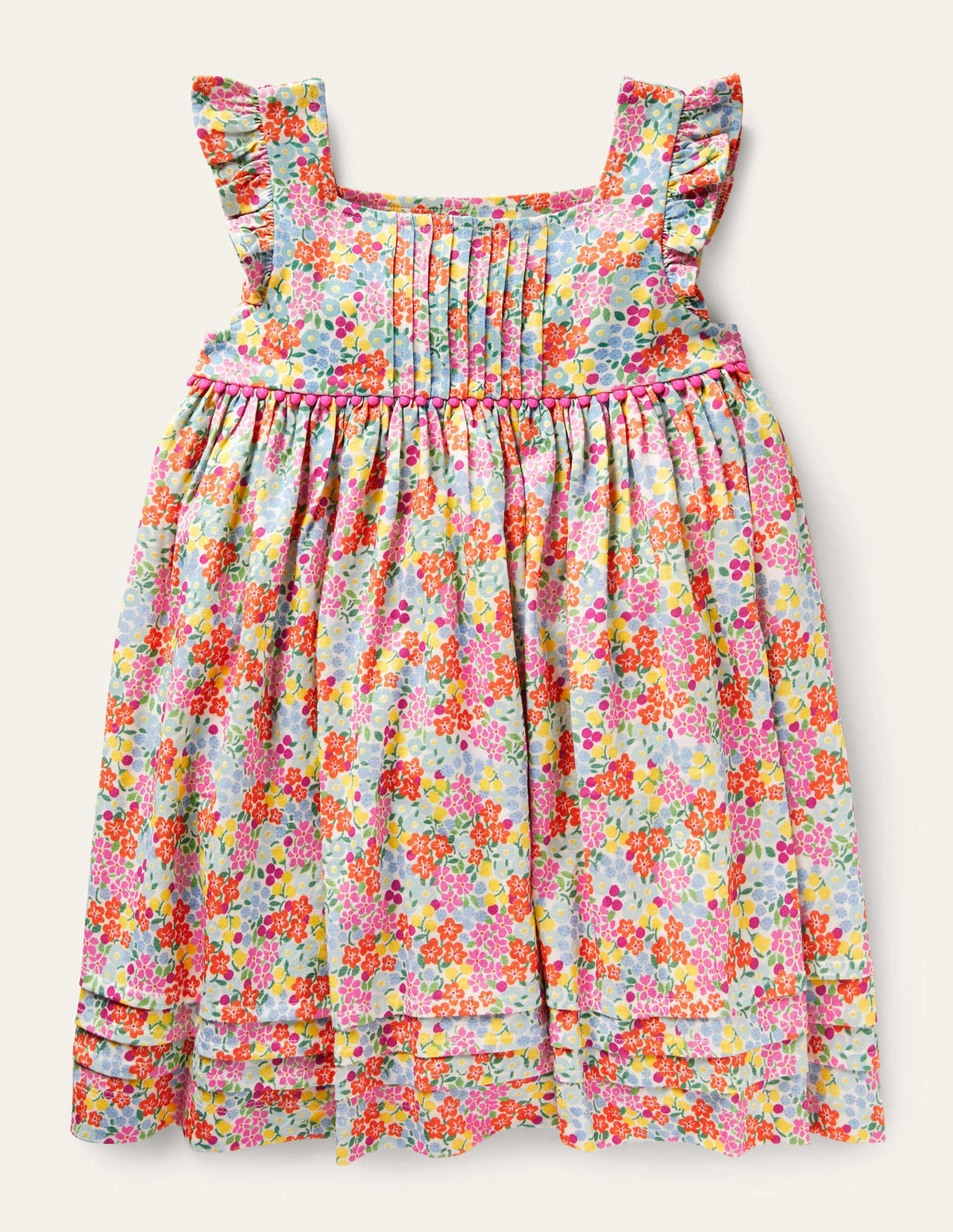 Frill Sleeve Jersey Dress-Multi Tropical Flowerbed-1