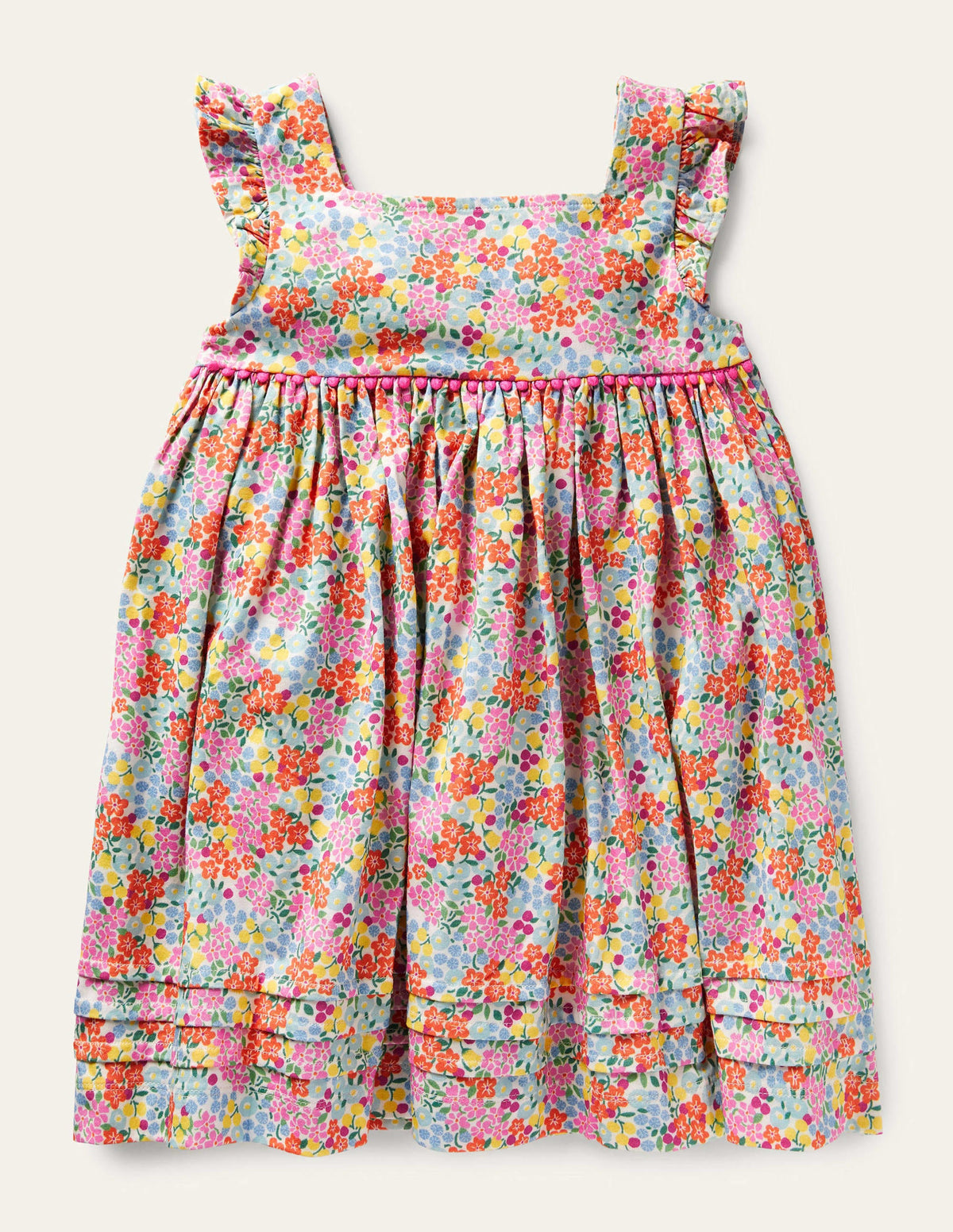 Frill Sleeve Jersey Dress-Multi Tropical Flowerbed-2