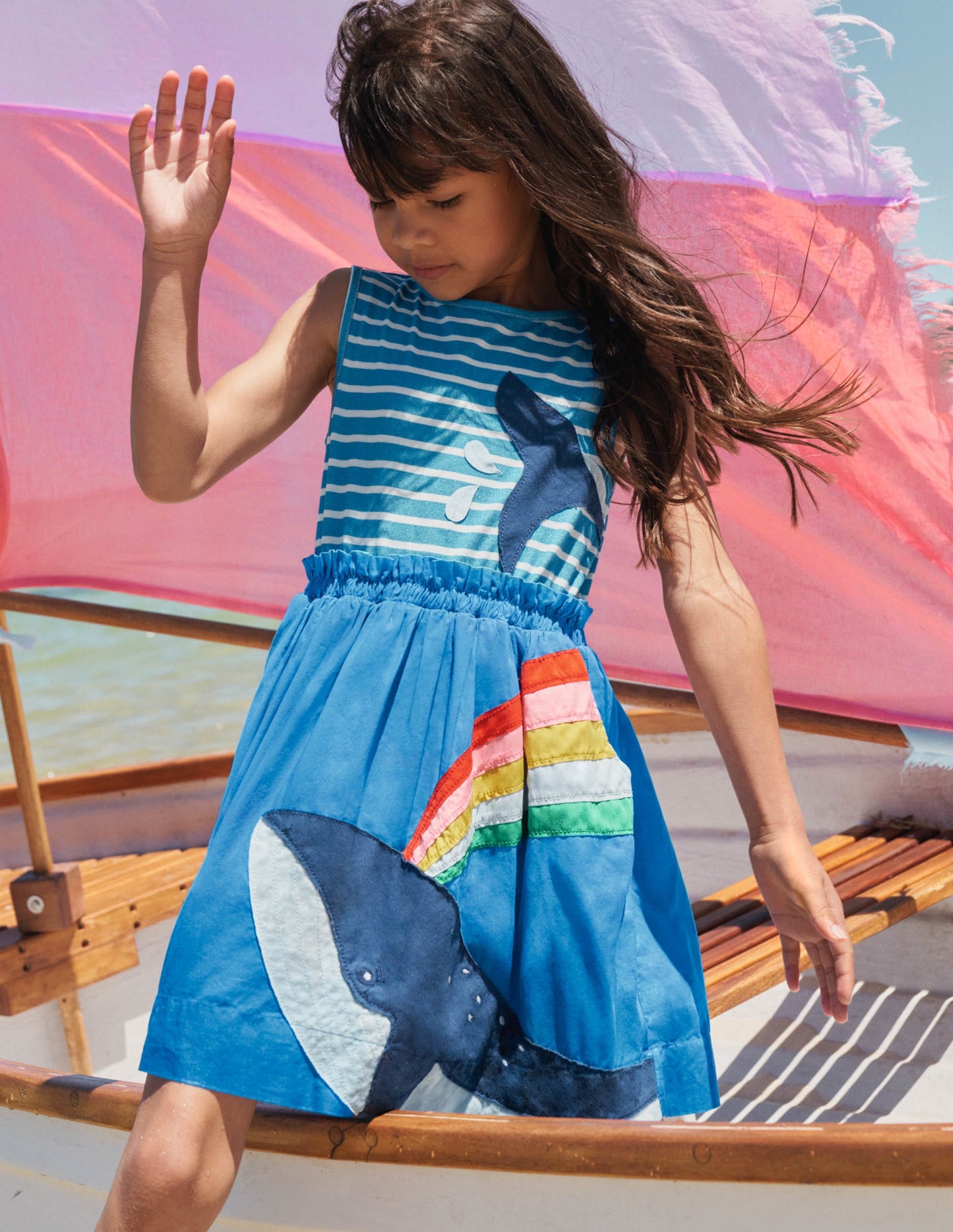 Appliqué Woven Mix Dress-Moroccan Blue/ Ivory Whale