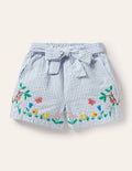 Embroidered Tie-waist Shorts-Bright Bluebell Ticking